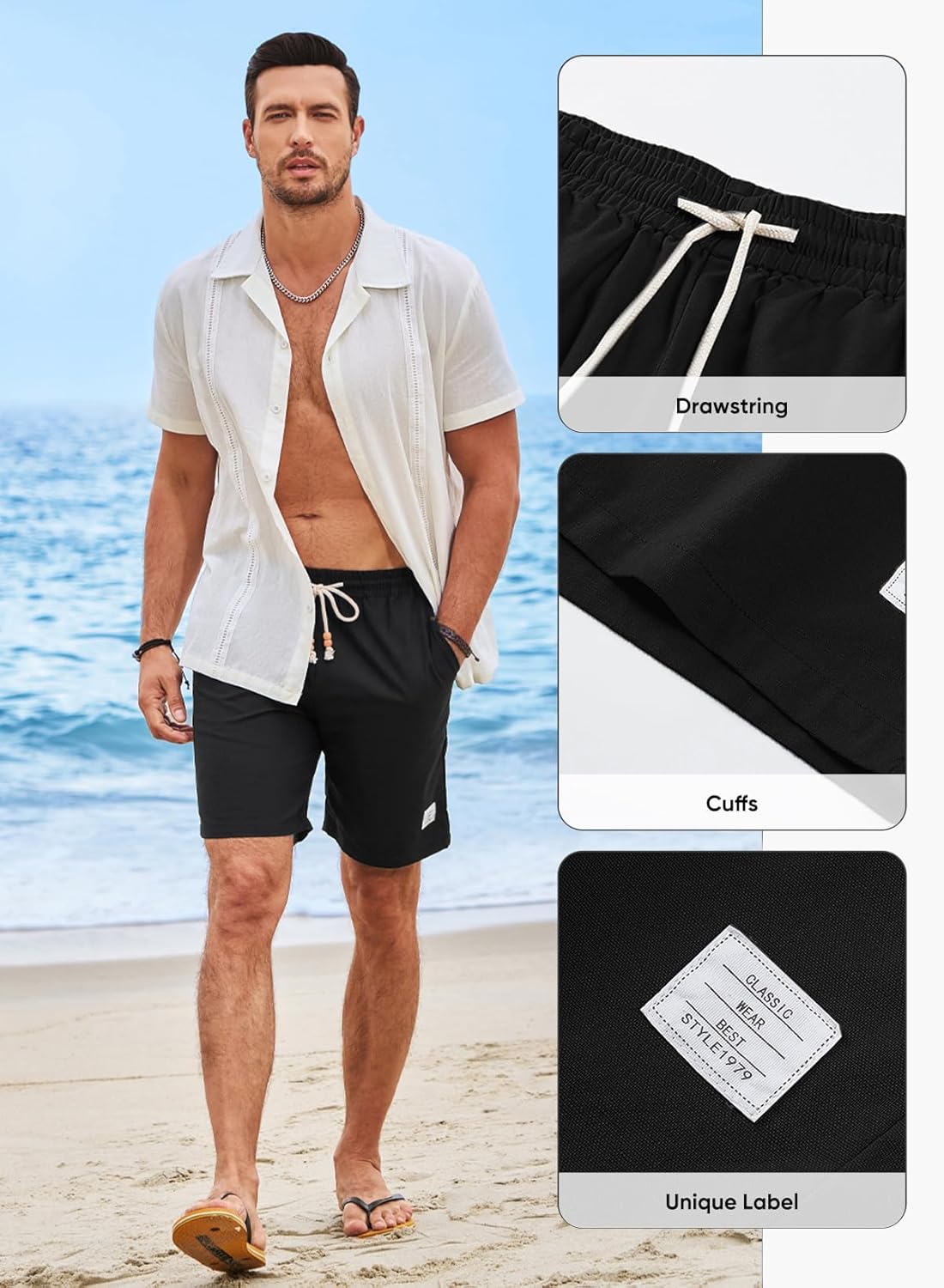 JMIERR Mens Shorts Linen Cotton 7" Casual Elastic Waist Drawstring Lightweight Summer Beach Shorts with Pockets - Image 2