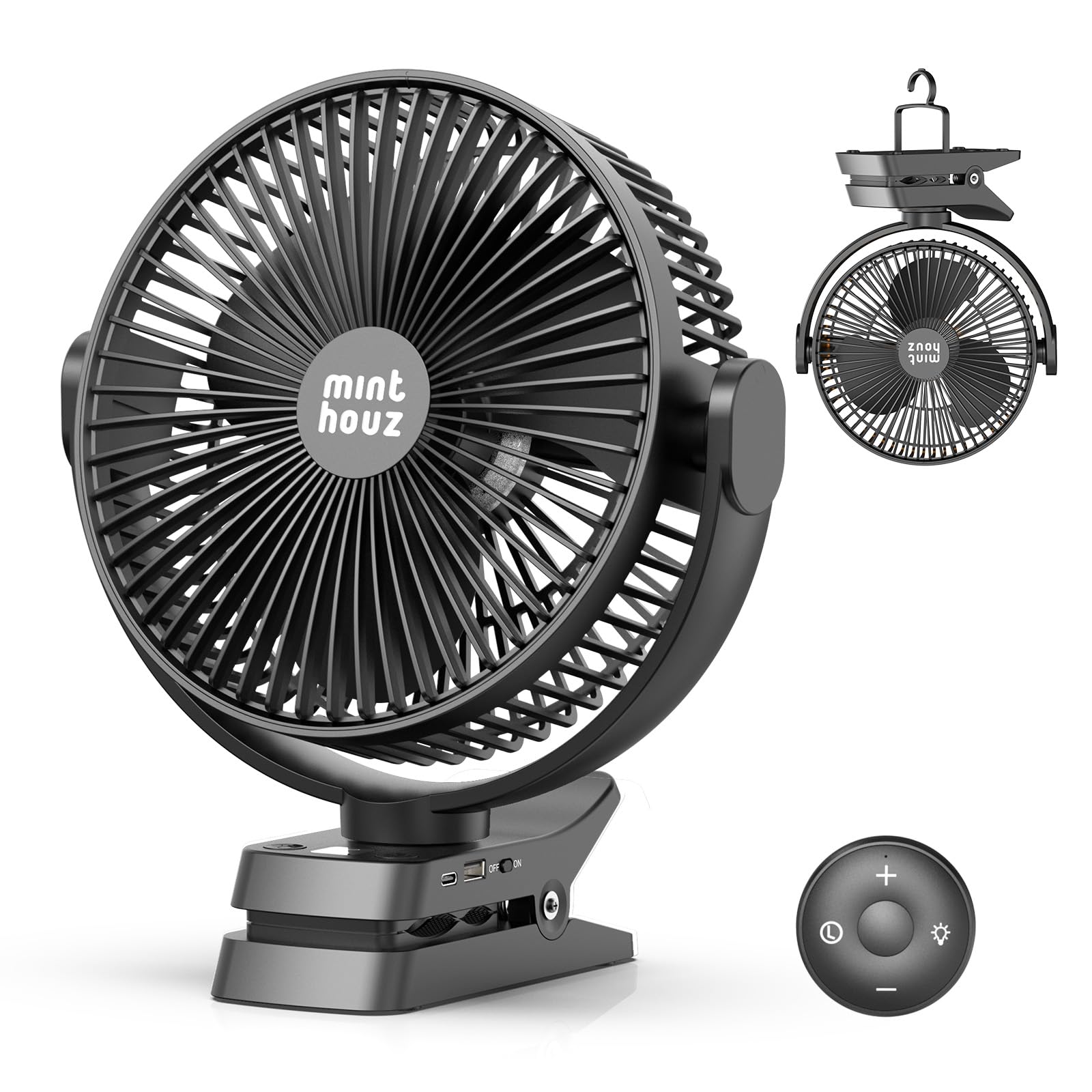 Minthouz 8 Zoll Clip Ventilator, 10000mAh USB Tischventilator Schwarz 20 cm