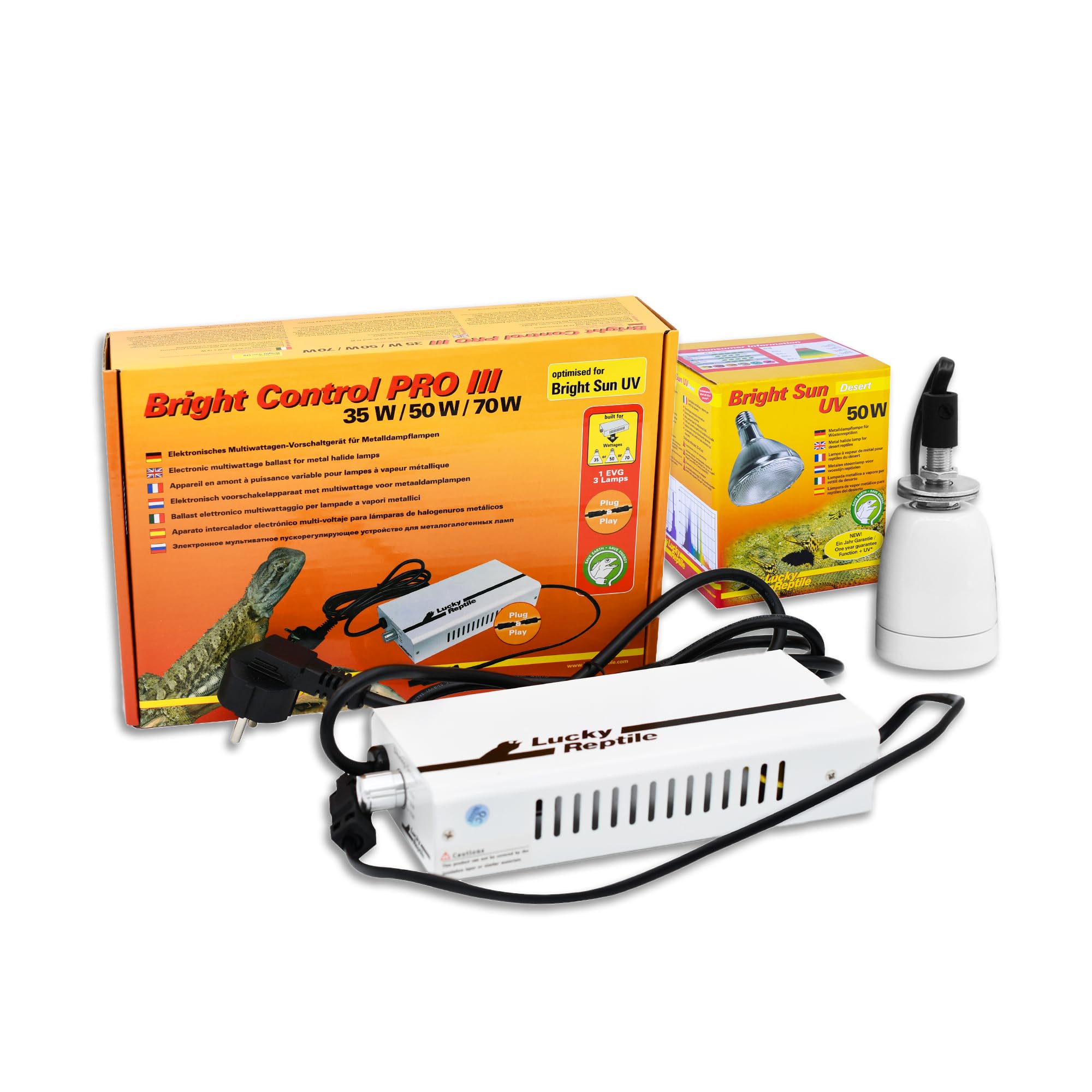 Lucky Reptile Bright Sun UV Desert Set Completo - 50W lámpara halogenuros metálicos Base y balasto Incluido - Lámpara de Calor para Reptiles Base de cerámica termorresistente - Accesorios terrario