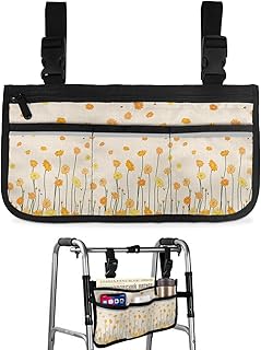 Spring Floral Wheelchair Side Bag Walker Bag, Orange Summer Flowers Daisy Wheelchair Accessories Armrest Pouch, Organizer Storage Bag for Walkers, Rollators, Scooters, 7.3'x13'