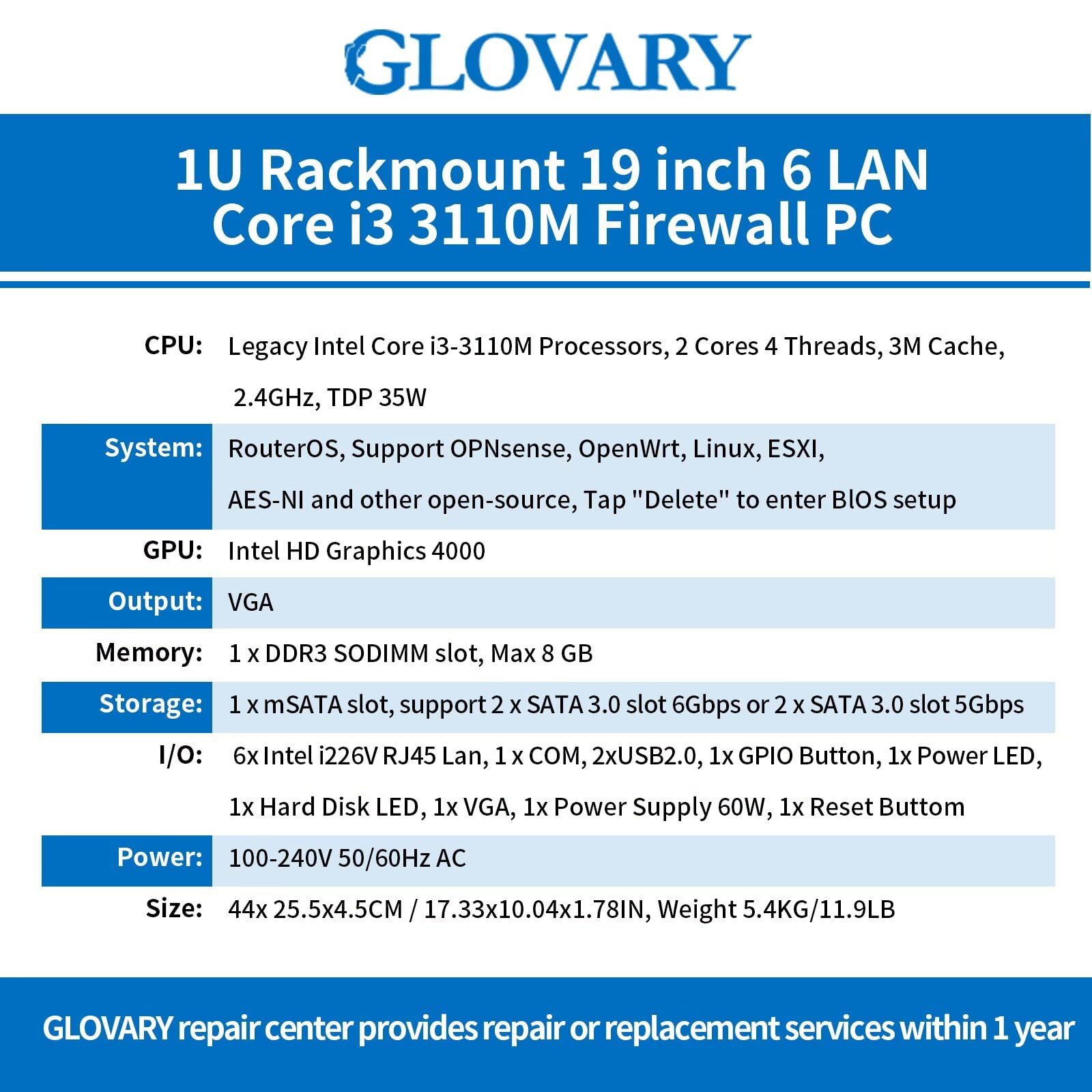 1U Rackmount Firewall i3 3110M, 6 x i226V 2.5GbE LAN OPNsense Hardware, U6, AES-NI, Barebone, 19 Zoll Heimlabor Router PC, Netzwerk Firewall Appliance, VGA, COM