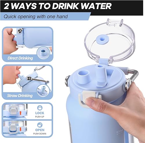 Miniatura 4 de BLUEGO Botella de agua de vidrio de 64 onzas, botellas de agua con mango de acero inoxidable y popote, botella de agua motivacional de medio galón