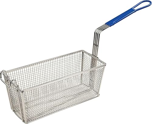 Soro Essentials - Cesta para freír profunda de 13-1/4 x 5-5/8 x 5-11/16 pulgadas, mango de color azul antideslizante con ganchos frontales, cesta de