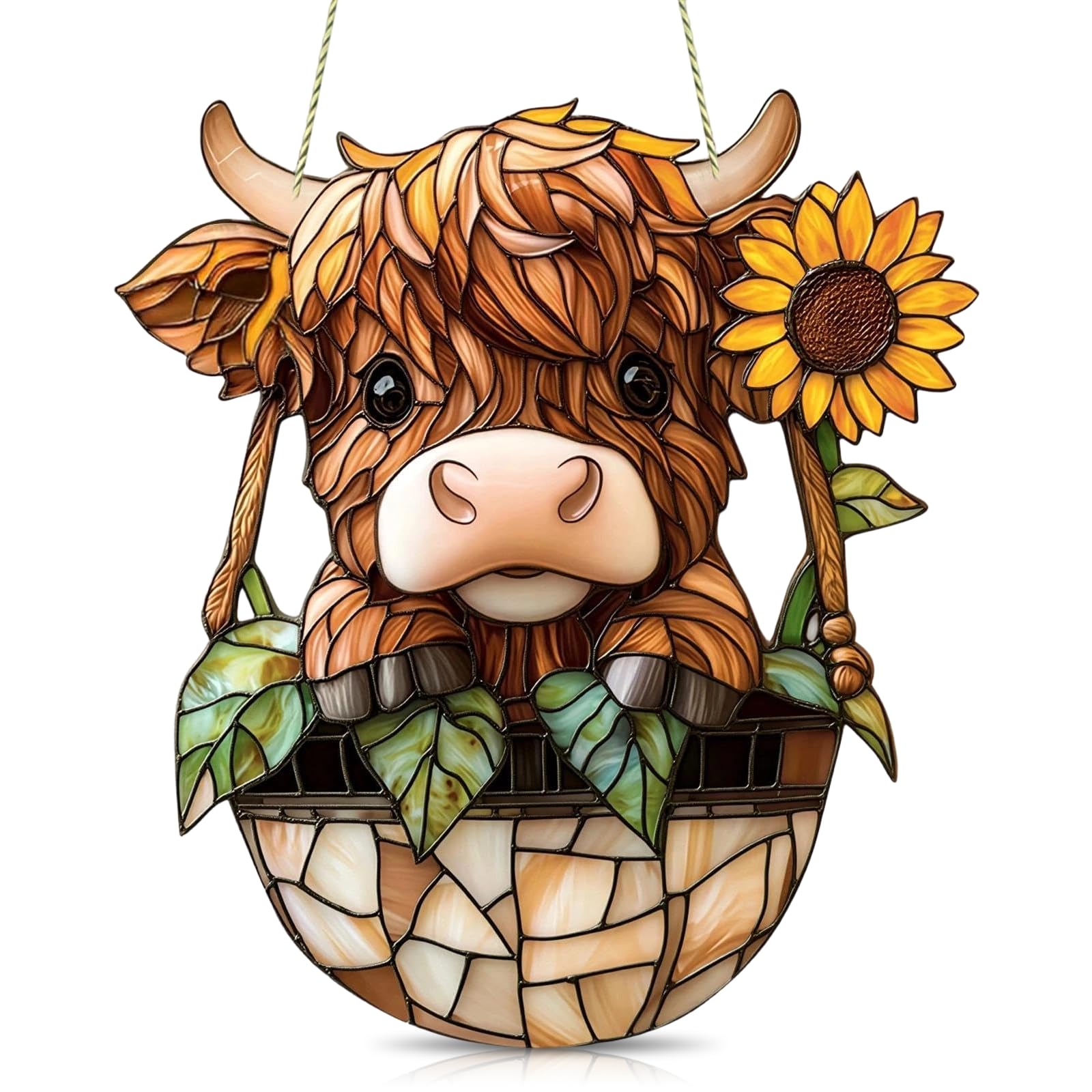 Highland Cow Gifts Sun Catcher, Acrylic Sun Catchers for Windows, Highland Cows Decor Hanging, Garden Sun Catchers with Iron Chain, Highland Cow Gifts for Women, Garden Wall Ornaments, 16×17cm
