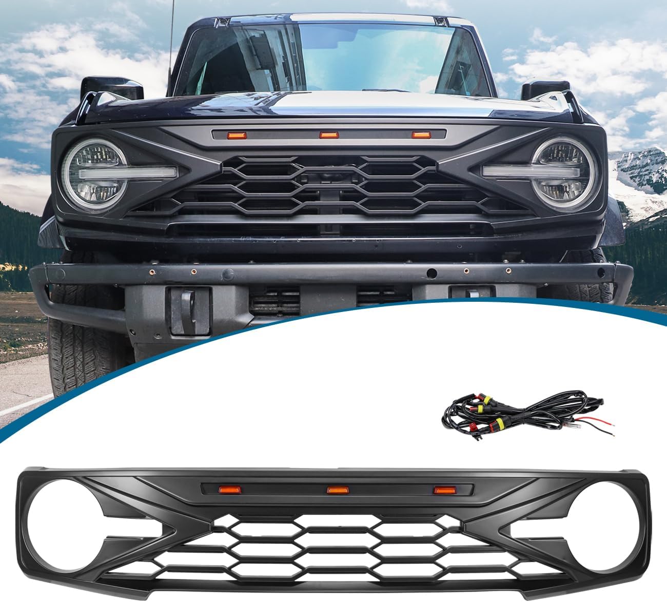 Glossy Black Front Grille Grill Kits With Amber LED Grill Lights Compatible With For Ford Bronco 2021 2022 2023 2024 2025 2 Door 4 Door Front Bumper Grille Accessories