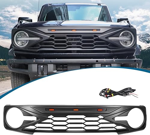 Parrilla frontal negra mate con luces LED compatible con Ford Bronco 2021 2022 2023 2 2 puertas 4 puertas de repuesto