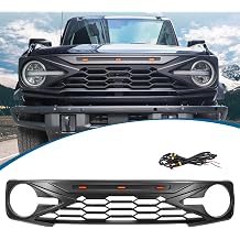 Matte Black Front Bumper Grille Grill With Amber LED Grille Lights Compatible With For Ford Bronco 2021 2022 2023 2024 2025 2026 2 Door 4 Door Front Grille Replacement
