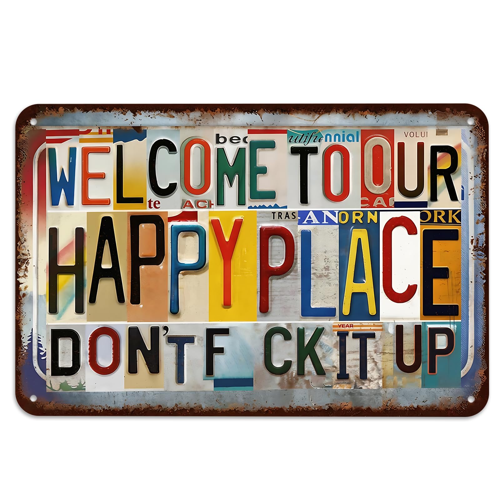 Welcome To Our Happy Place Sign, Funny Garden Metal Signs & Plaques, Vintage Tin Sign Garden Wall Decor, Garden Signs and Plaques for Patio, Yard & Home