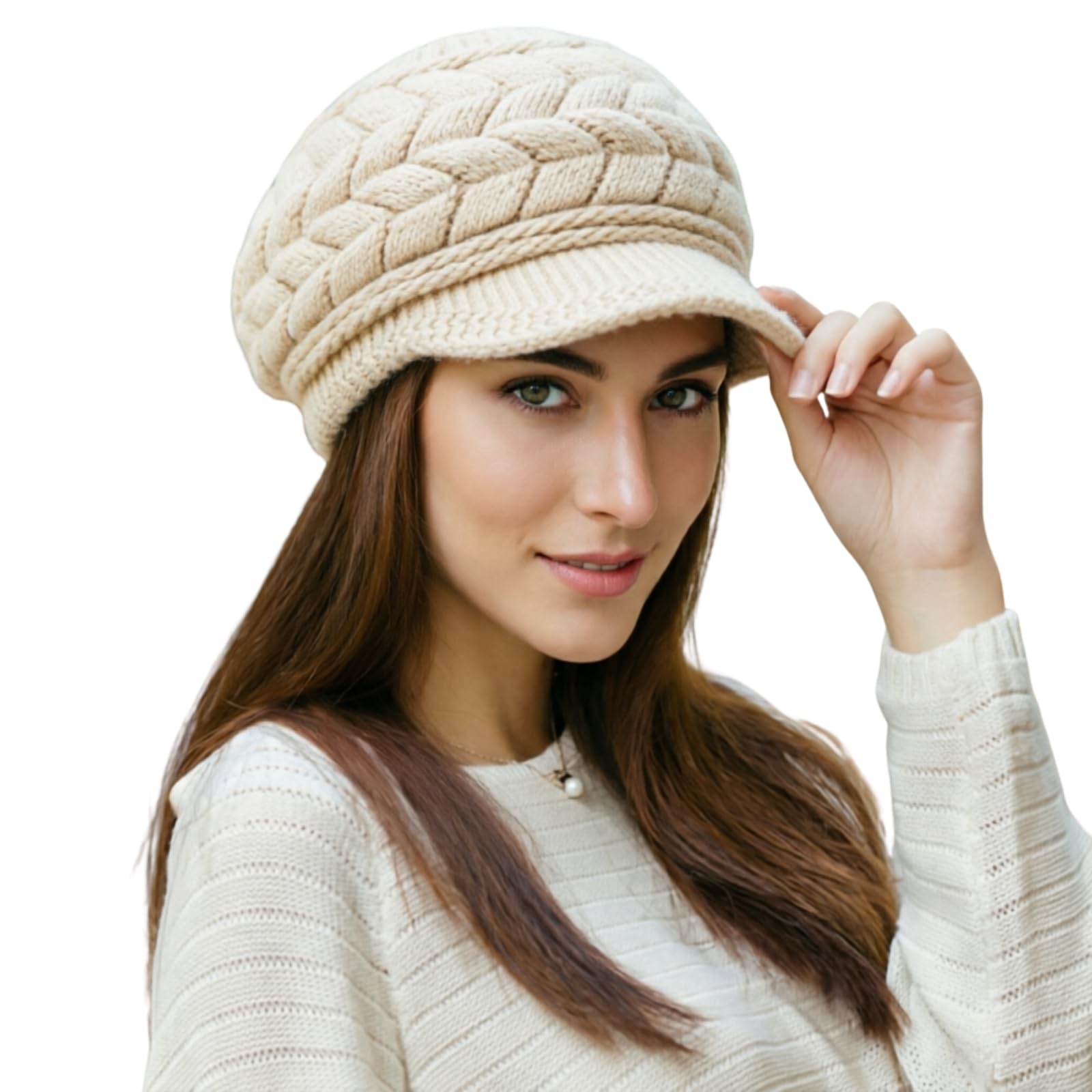 NLAND Damen Mütze Winter mit Visier Wollmütze mit Fleecefutter | Weiche,Leichte und Atmungsaktive Strickmütze,Wintermütze mit Kuscheligem Fleecefutter,Handliche Baskenmütze
