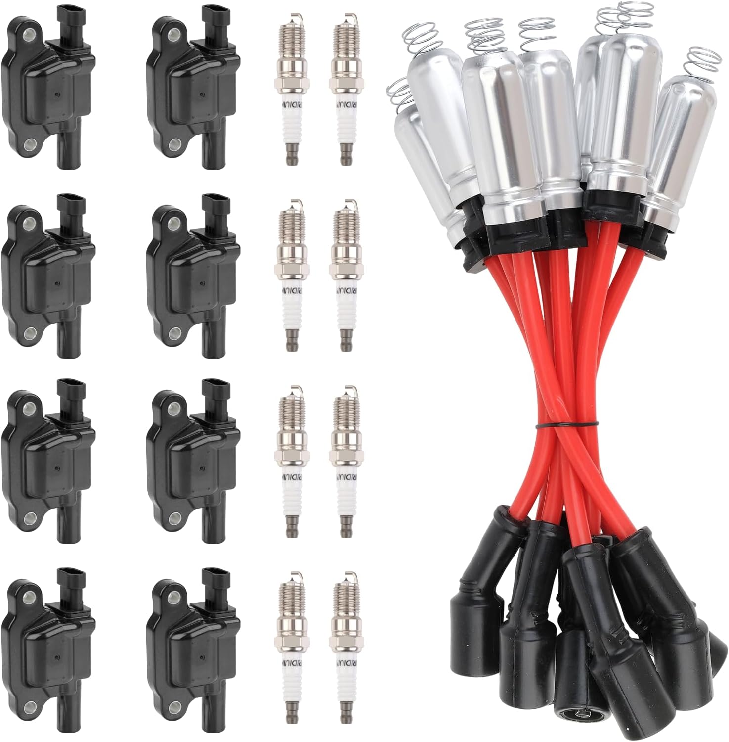 Set of 8 Ignition Coils Pack UF413 and Iridium Spark Plug SP493 with 748UU 8mm Spark Plug Wires Set compatible with Buick Cadillac Chevy GMC Hummer Isuzu Pontiac 5.3L 6.2L 6.0L 4.8L