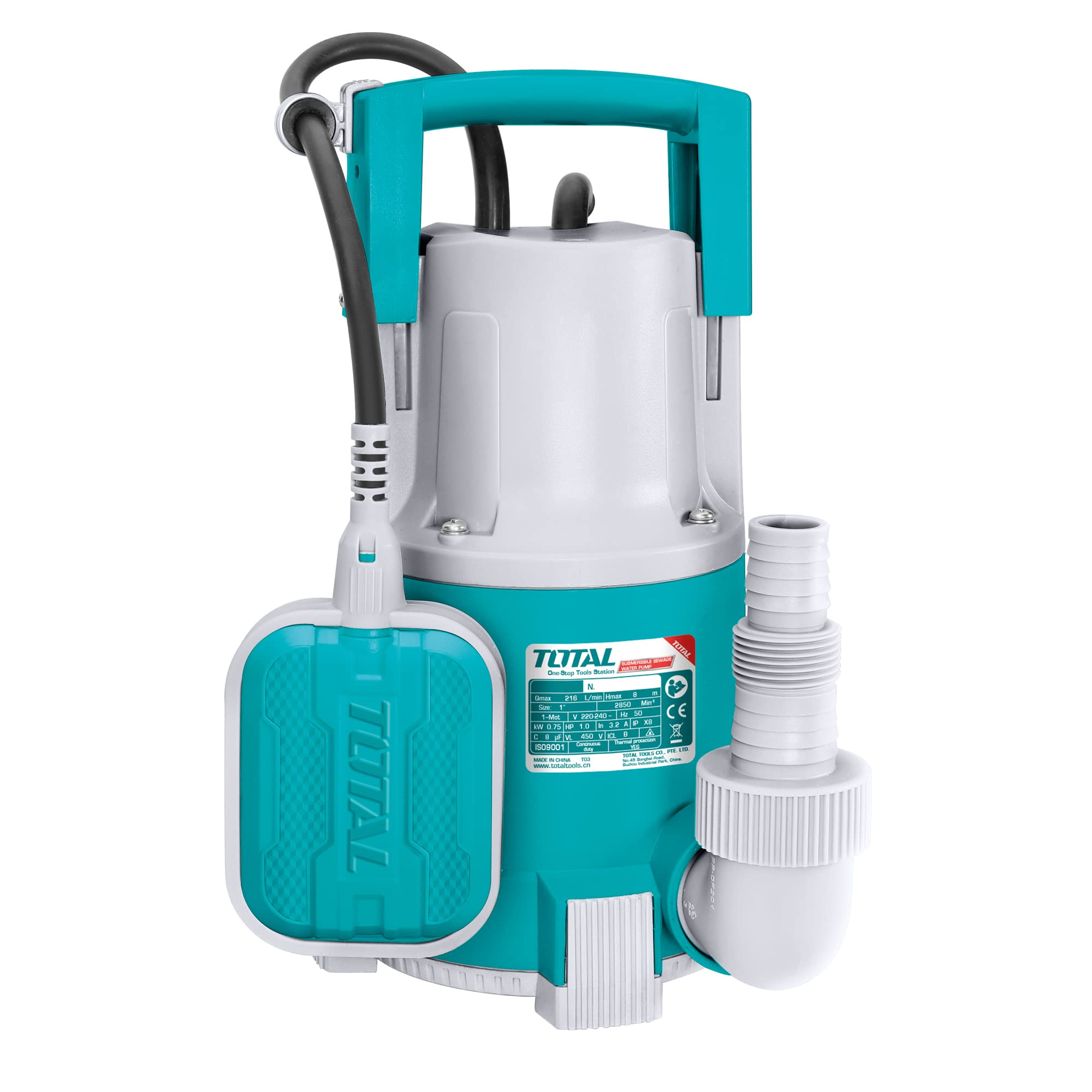 TOTAL - Bomba Eléctrica de Agua - Potencia de 400 W - Capacidad de Succión de 8 m - Con Cable de 9 m - Aparato Sumergible para Limpiar el Agua - Piscinas
