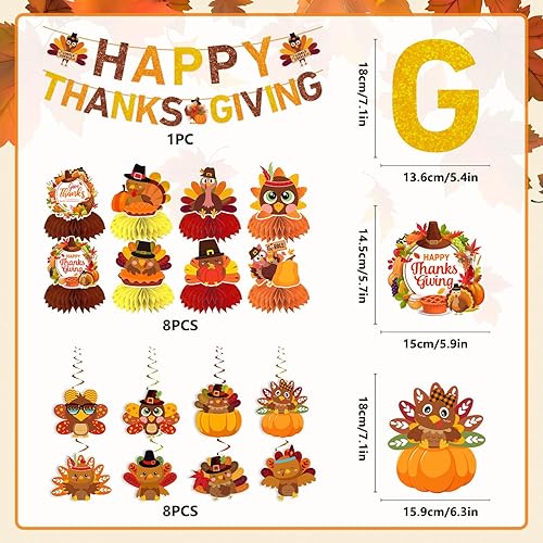 Miniatura 3 de El juego de 17 decoraciones de Acción de Gracias incluye pancarta, espirales colgantes y decoraciones de mesa 3D, centros de mesa de nido de abeja,