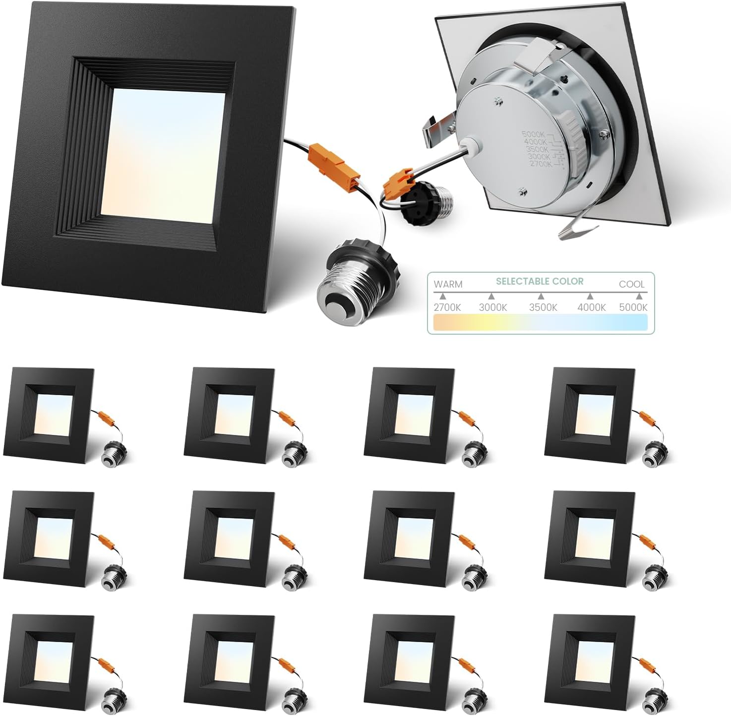 4 Inch Led Recessed Lights Square,Led Downlight Square Black,with Baffle Anti-Glare,5CCT 2700K-5000K Dimmable,9W 800LM,ETL & ES(8 Pack)