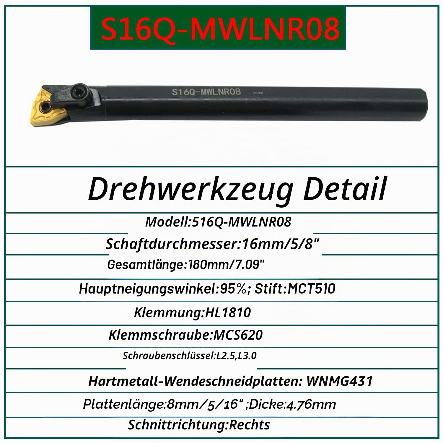 5/8” MWLNR1616H08+S16Q-MWLNR08 Drehstahlhalter+WNMG080404-MA wendeplatten