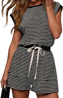 LACOZY Sommer-Jumpsuit für Damen, kurzärmelig, Rundhalsausschnitt, einteiliger Strampler mit Kordelzug, Jumpsuits, T-Shirt, Urlaubs-Outfits 2025