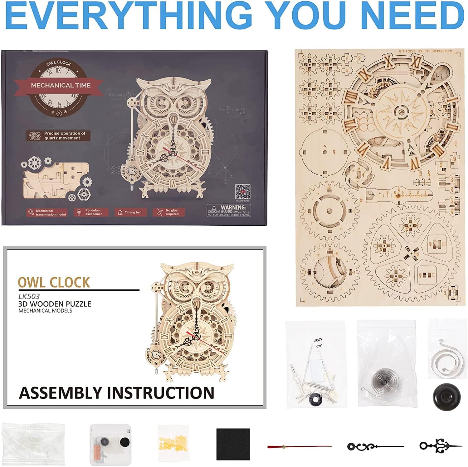 Image showing the box contents of the RoWood Owl Clock 3D Wooden Puzzle, including laser-cut wooden sheets, the instruction manual, and small accessory bags.
