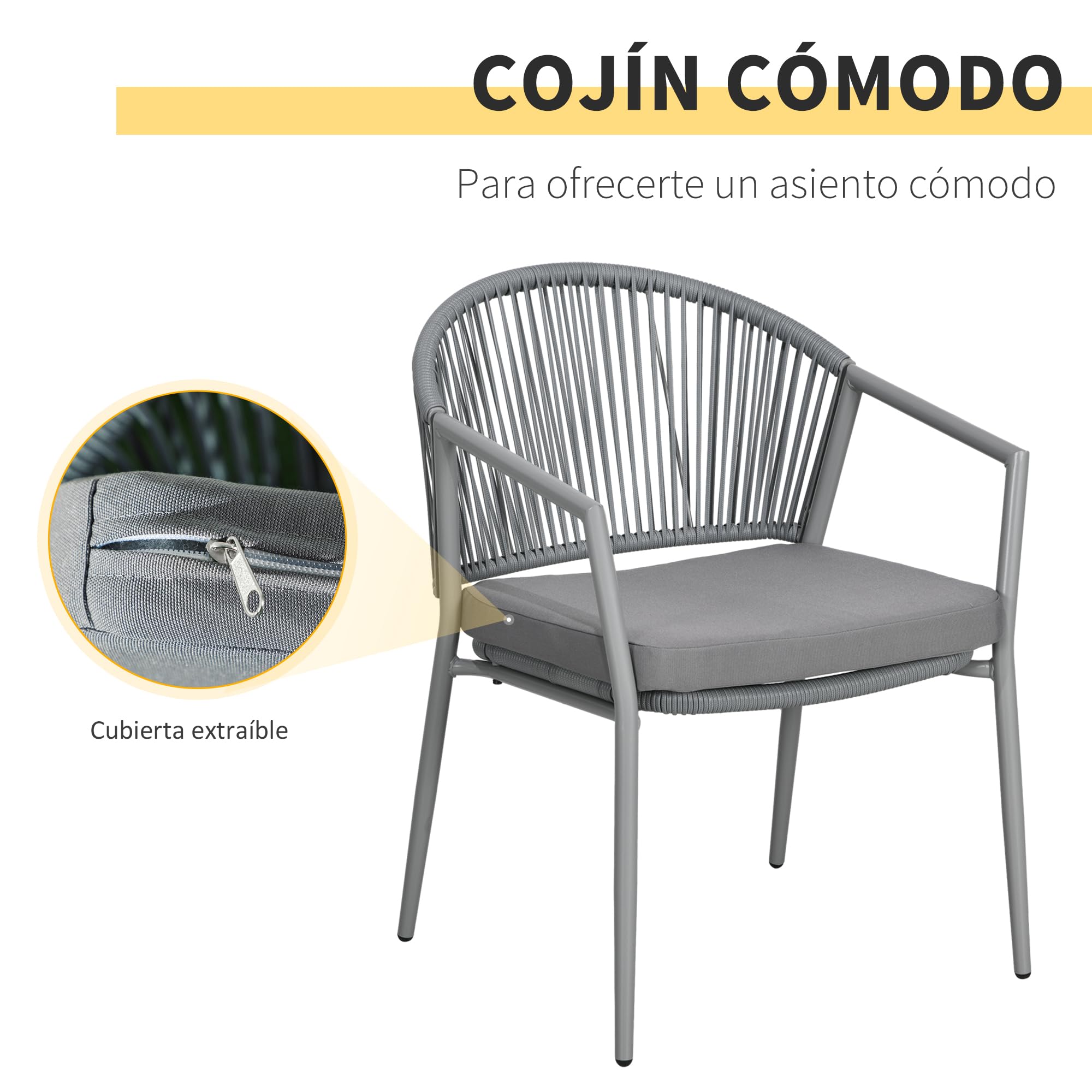 Outsunny Conjunto de Jardín Exterior de 3 Piezas Ratán para Balcón Gris | Juego de 2 Sillas y Mesa, Cojines Acolchados, Encimera de Vidrio, Terraza