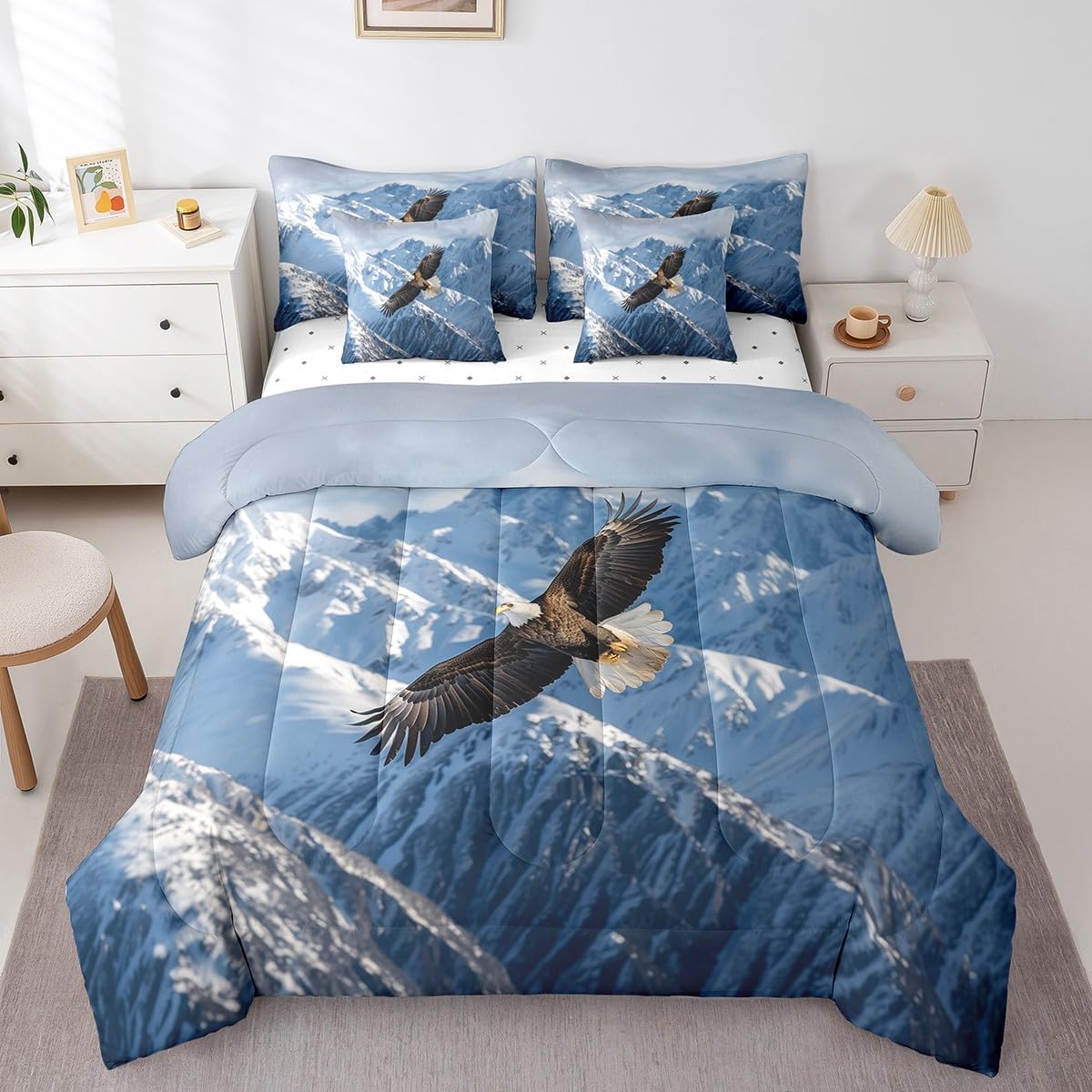 Feelyou Eagle Comforter Set with Sheets Queen Size Snow Mountain Bed in a Bag for Boys Girls Teens Flying Eagle 7 Pieces Bedding Set Sky Blue Bed Set Room Decor