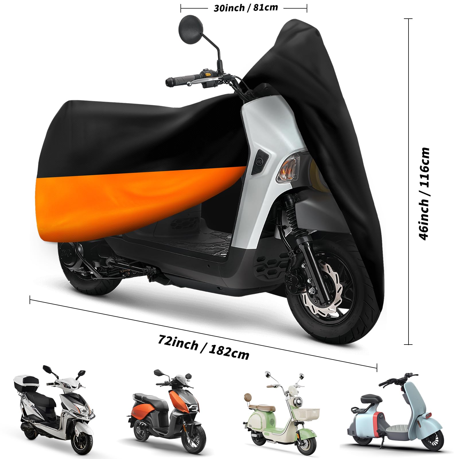 XYZCTEM Funda Impermeable para Scooter, Cubierta para ciclomotor, Cubierta para Vespa, protección al Aire Libre contra el Agua, los Rayos UV, el Viento. Negro-Naranja, 72 Pulgadas de Largo