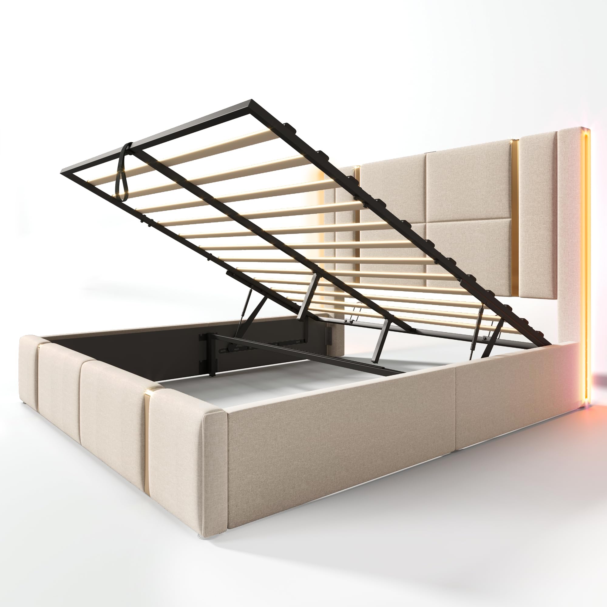 Letto Imbottito Con Rete A Doghe Idraulica, Tre Cassetti E Contenitore Velluto Beige 140x190 Cm