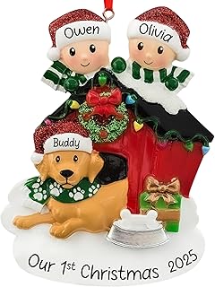 UniqXmas Personalized Couple with Dog Christmas Ornament 2025 | Family of 2 with Puppy in Glitter Santa Hat Ornament for Xmas Tree | Our First Christmas with New Dog Keepsake - Custom Name & Year