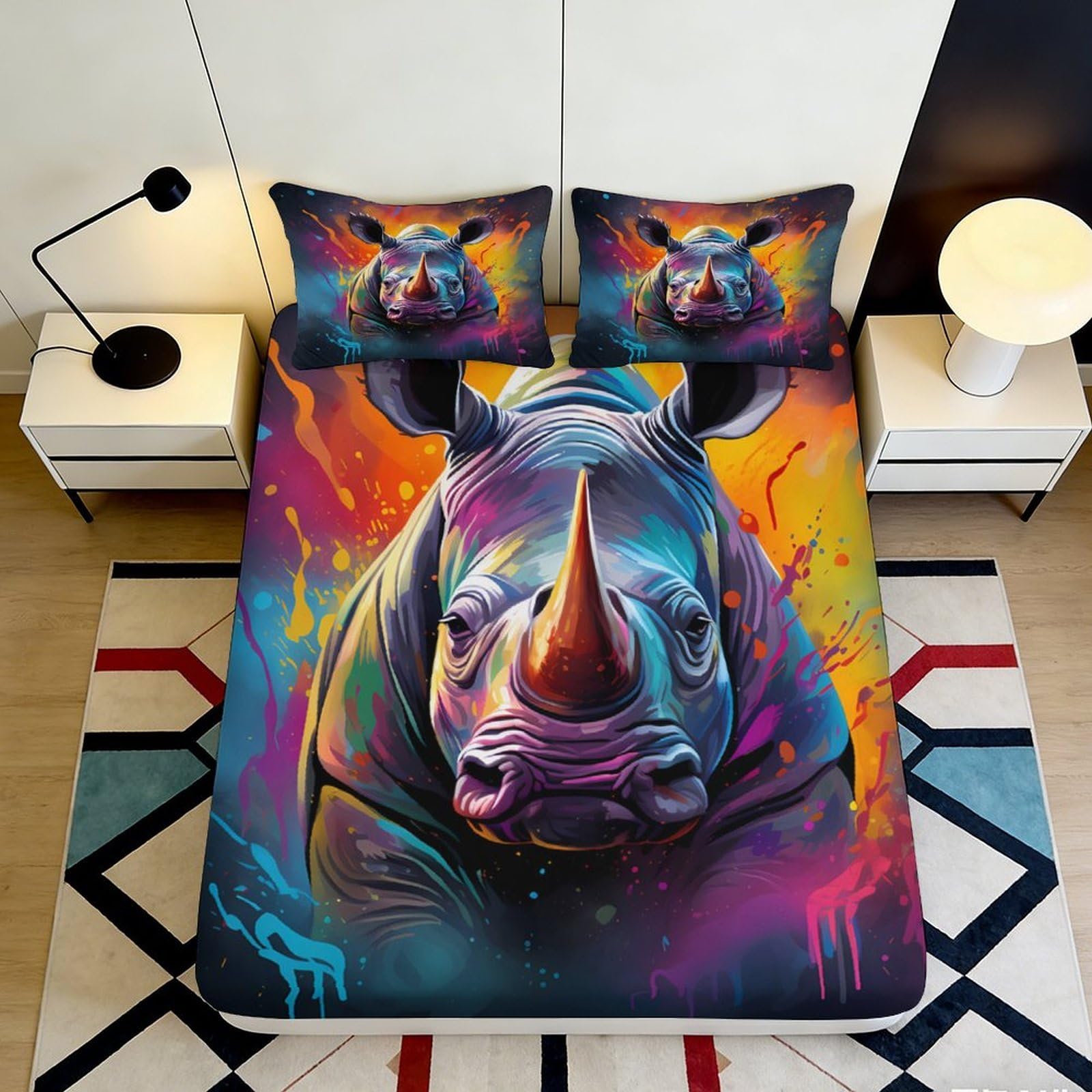 3D Printed Colorful Rhino Fitted Sheet Microfiber Non-Slip Mattress Cover for Bedroom Dorm Decoration Machine Washable 90x200x25cm