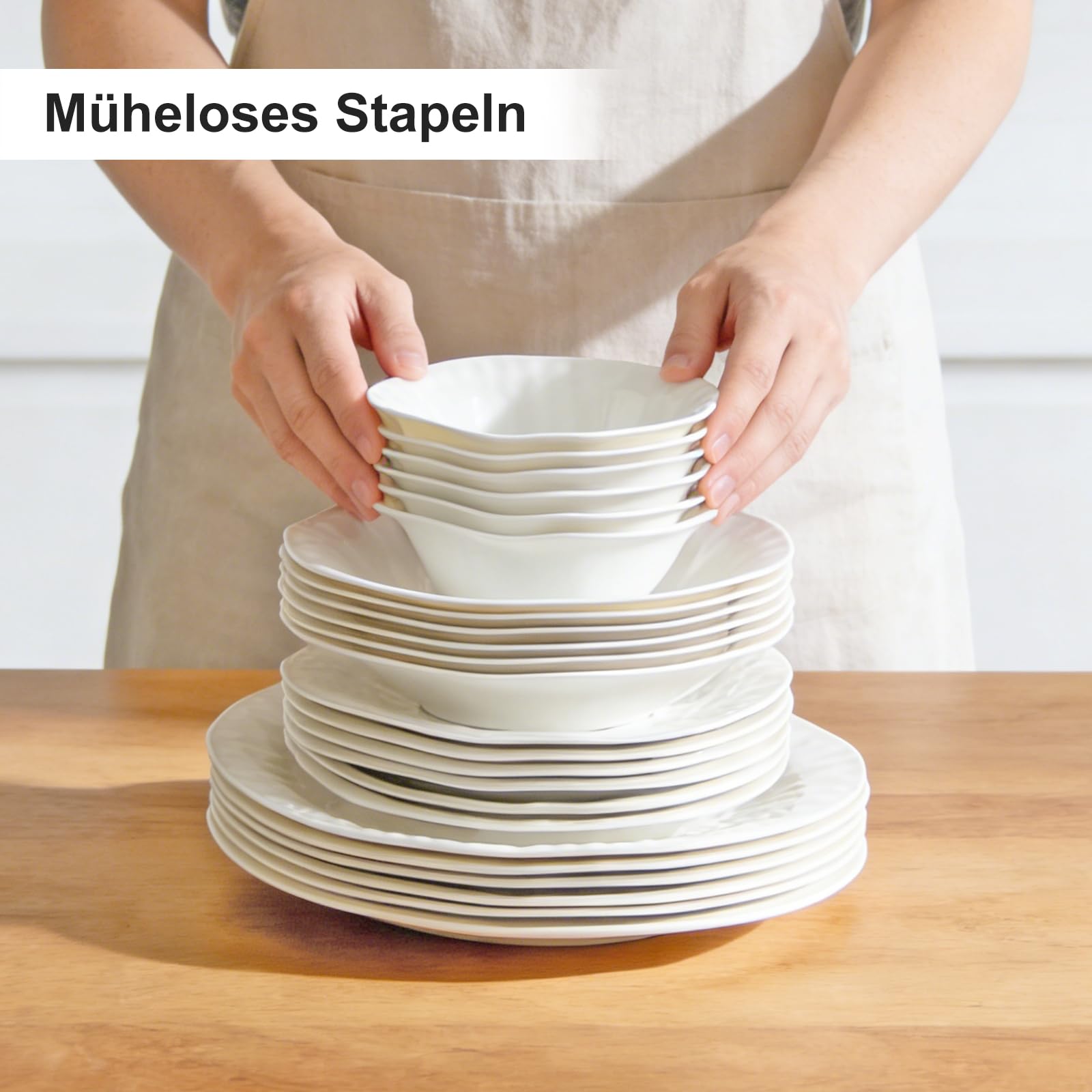 Geschirrset 24-teilig für 6 Personen, Porzellan,Gitterförmig | Dinner set, Tafelservice, Je 6 Speiseteller, Dessertteller, Müslischalen, Salatschüssel, Teller set, Kombiservice 6 personen