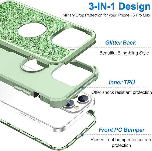 Miniatura 3 de Hython Funda para iPhone 13 Pro Max con purpurina, bonita funda brillante brillante, resistente 3 en 1, híbrida de policarbonato duro suave de