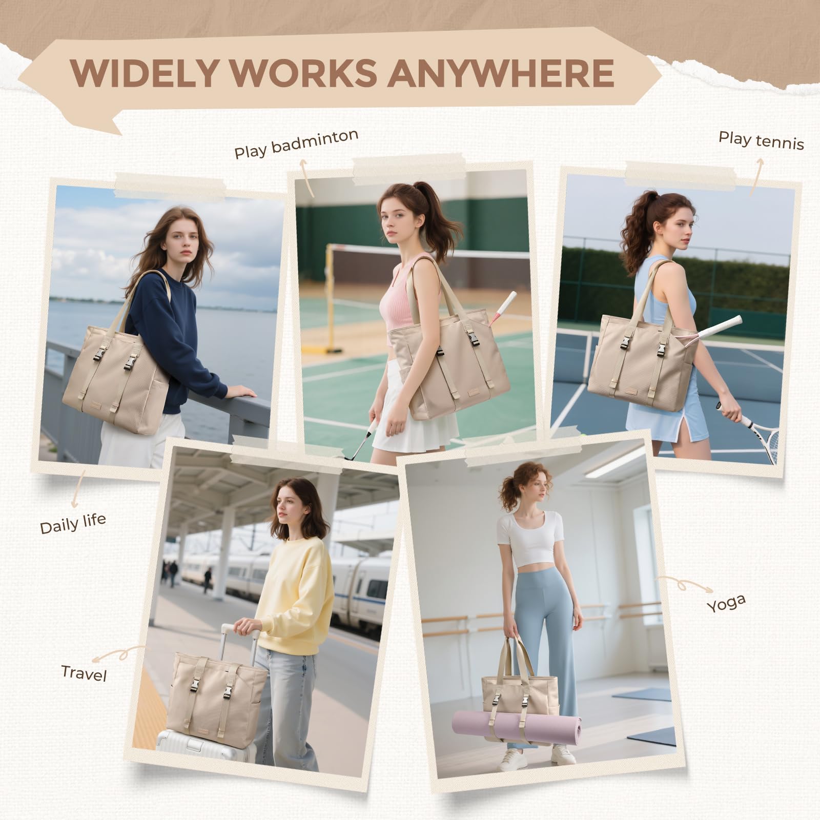 Bolsa de Tenis para Mujer, Bolsa de Transporte con Bolsillo Húmedo, Bolso de Mano para Esterilla de Yoga, Bolsa Tote Multifuncional de 14 Pulgadas, para Viajes, Fitness, Yoga, Tenis y Oficina