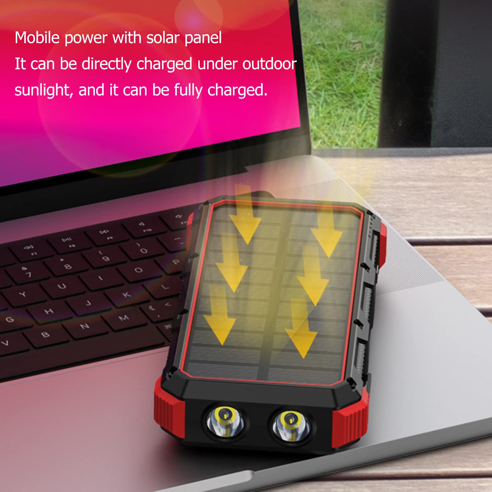 Wakects Banque d'énergie Solaire, Chargeur Solaire Portable ABS 36800 MAh 5 V 3 A avec 3 Sorties USB, Charge sans Fil et Double Lumière LED pour Camping, Voyage, Utilisation en Extérieur (Rouge)
