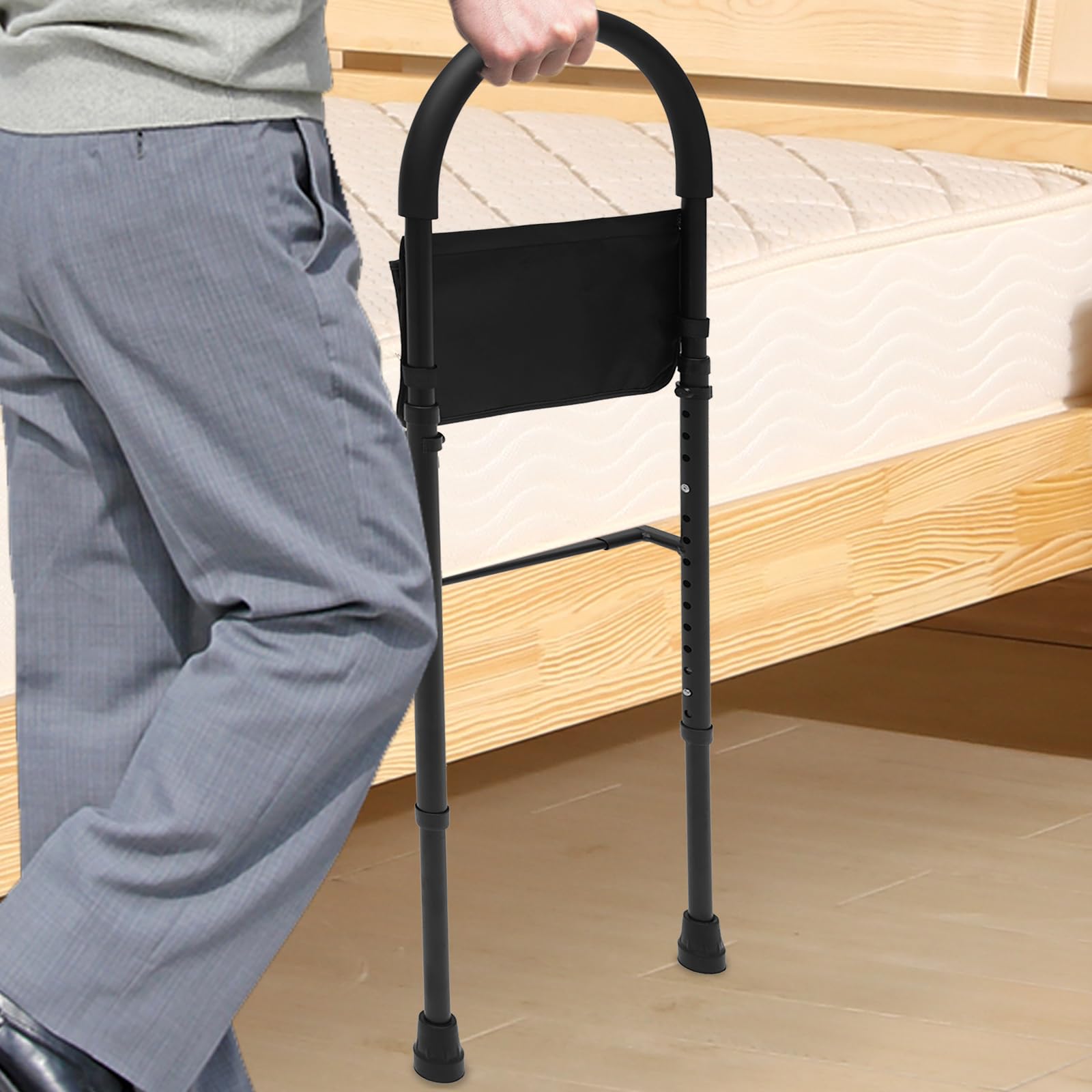 Barandilla de cama 2 en 1, barandillas de cama para adultos mayores, barandilla de cama de seguridad de altura ajustable, barra de pasamanos de asistencia segura con bolsa de almacenamiento, capacid
