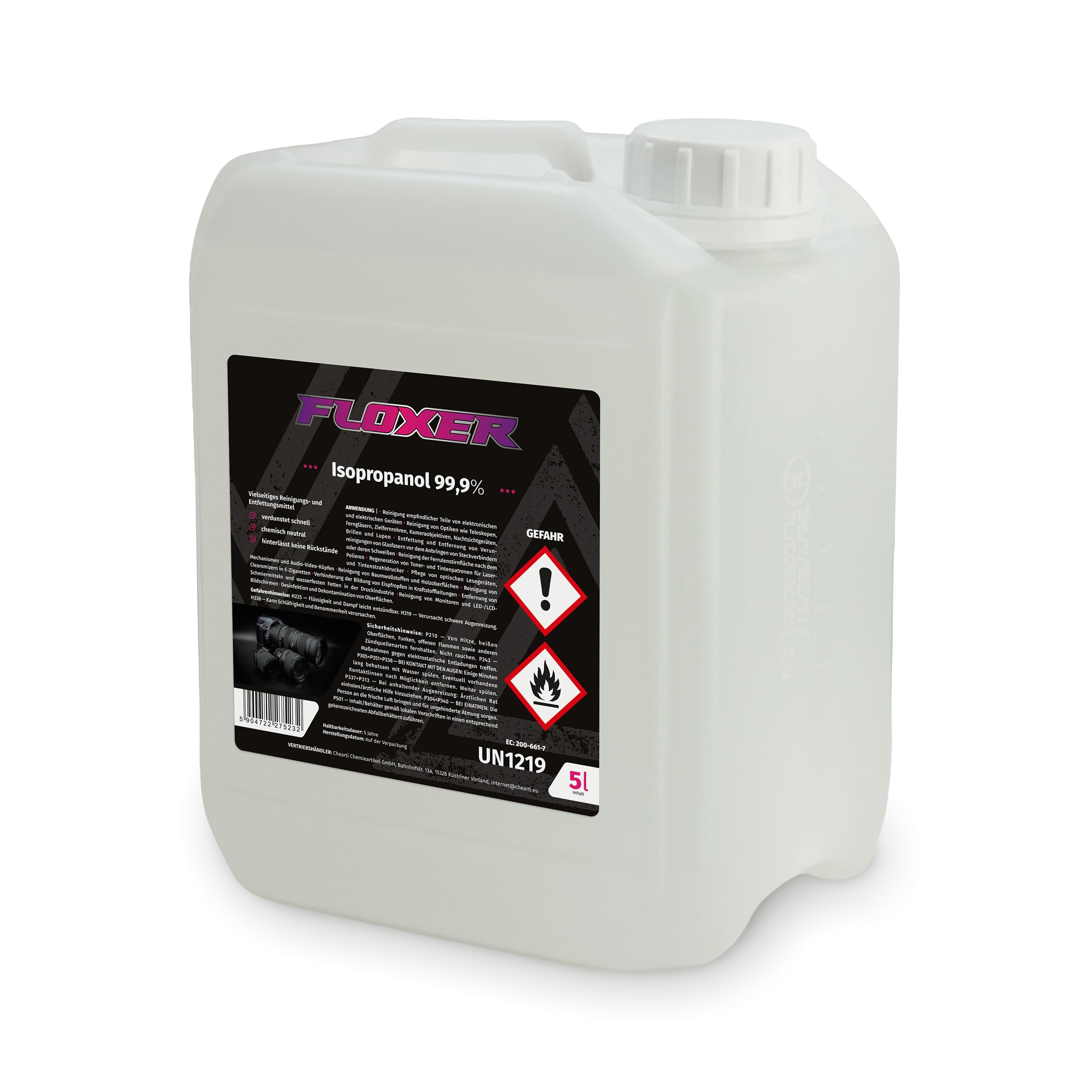 FLOXER Isopropanol 99,9% 5L – IPA Isopropylalkohol & Reinigungsalkohol. Hochreines Lösungsmittel gegen Fett, Öl, Harz, Klebereste. Universeller Entfetter für Elektronik, Werkstatt & Haushalt.