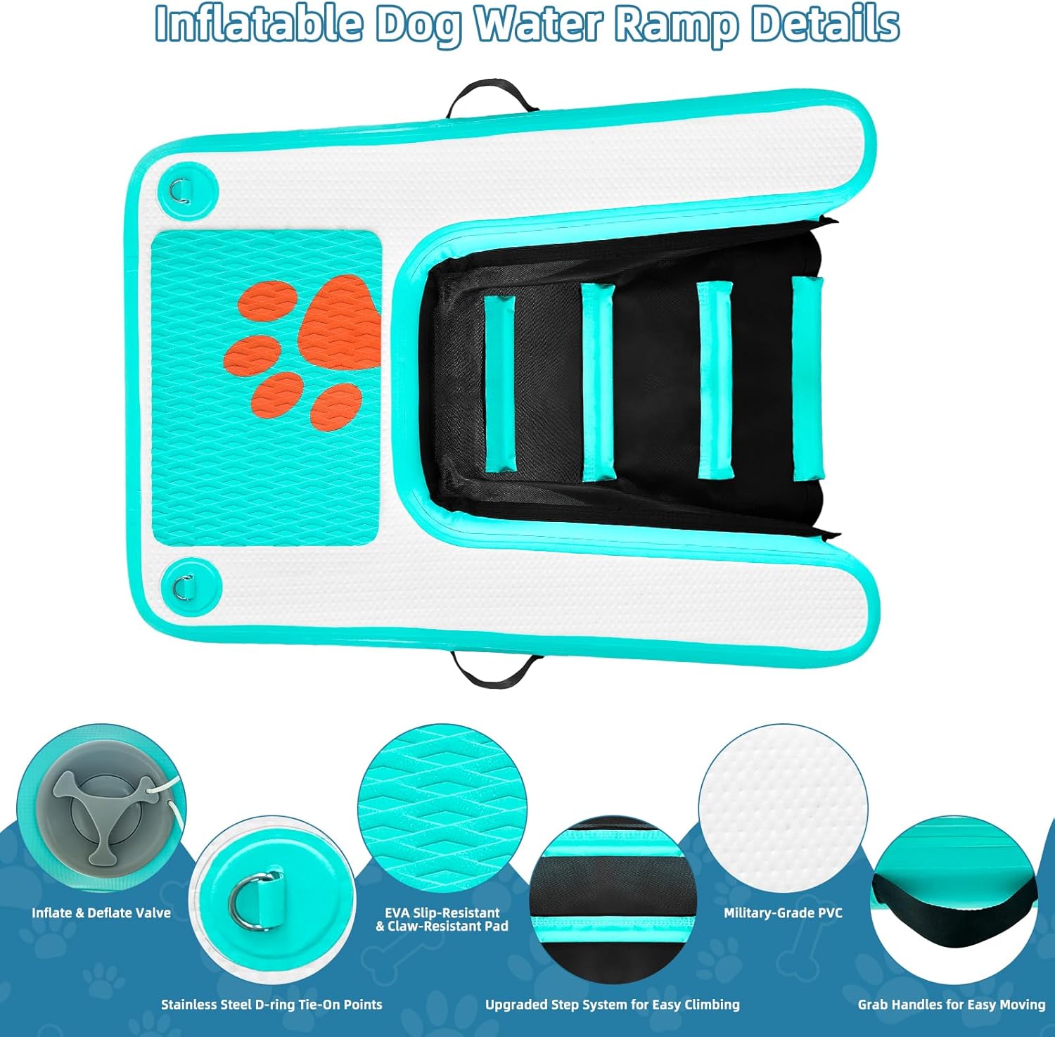 Inflatable Dog Water Ramp Floating Dock - 200LBS Capacity Non-Slip Pet Float Ladder Enables Safe Pool/Lake/Boat Entry