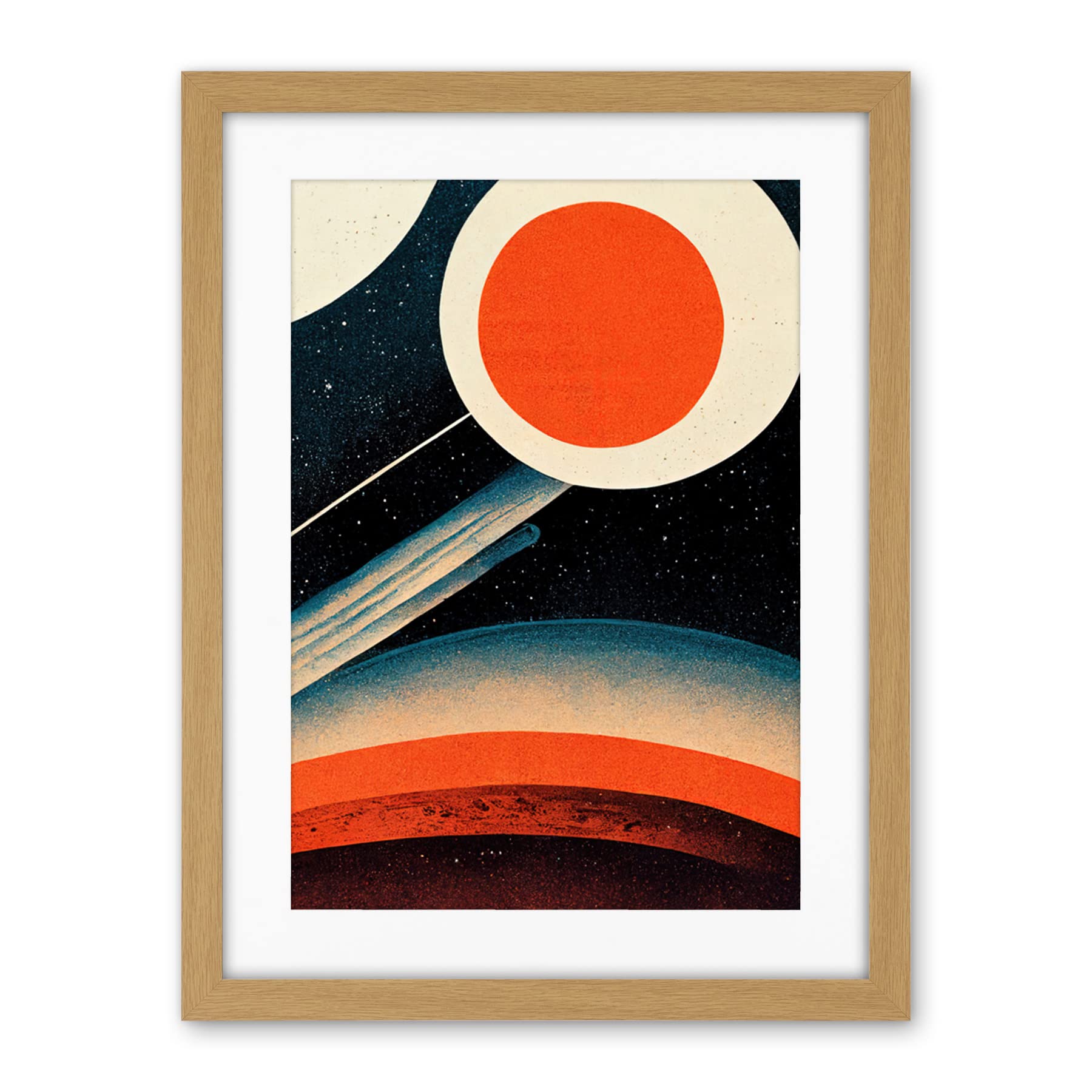 Wee Blue Coo Retro Boho Space Starscape Abstract Mid Century Style Navy Teal Orange Cream Artwork Framed Wall Art Print 18X24 Inch