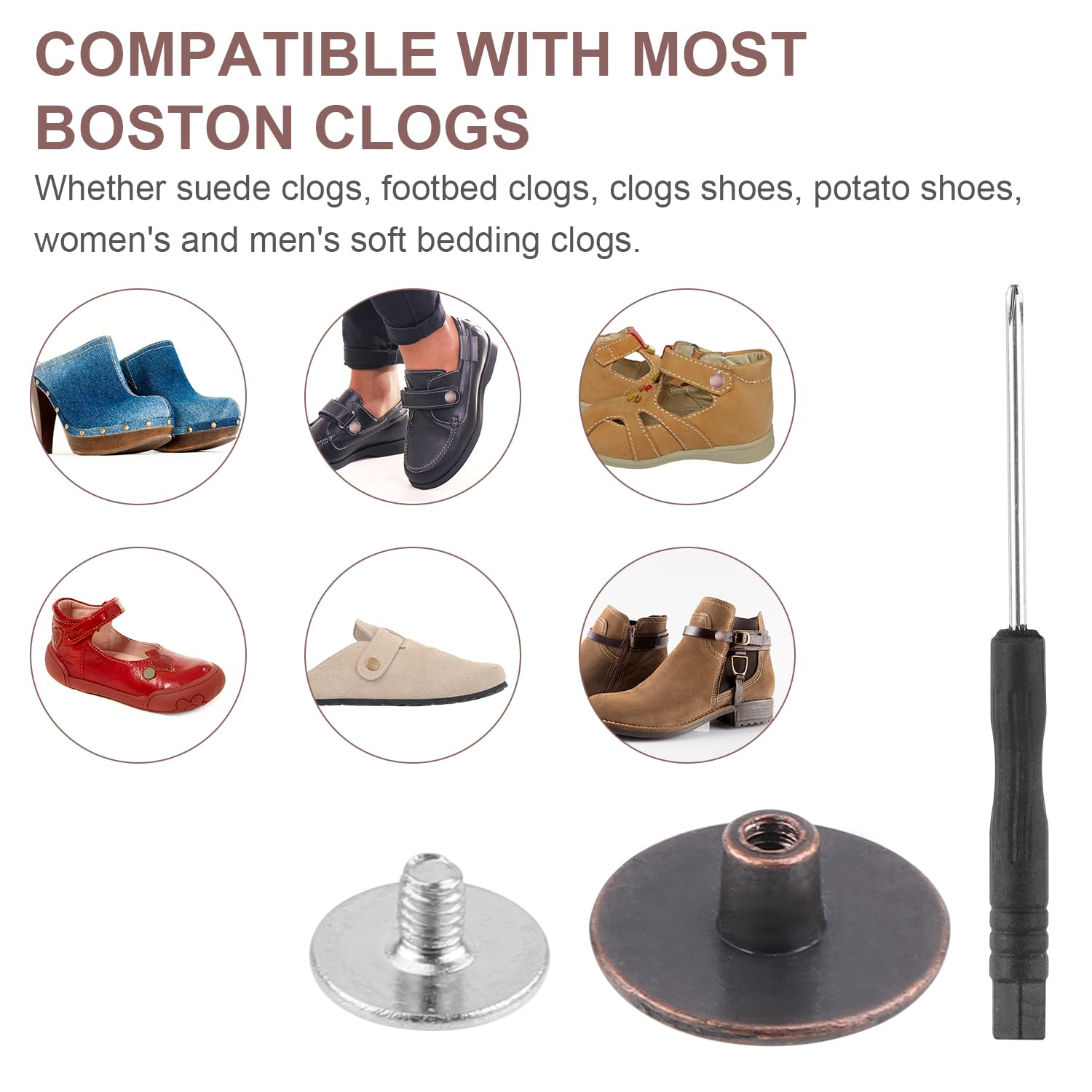Gosknor 4stk Ersatznieten für Boston Clogs, Einfache Installation Riemenknopfersatz Kompatibel mit Boston-Fußbett-Clogs mit Schraubendreher und Schrauben für Damen Herren (Rotbronze)