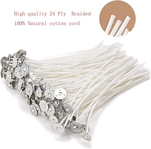 Miniatura 10 de 100 calcomanías de mechas de vela de 4.72 pulgadas, preenceradas, sin humo, trenzadas, 2 portavelas de metal y práctico fijador de mechas,