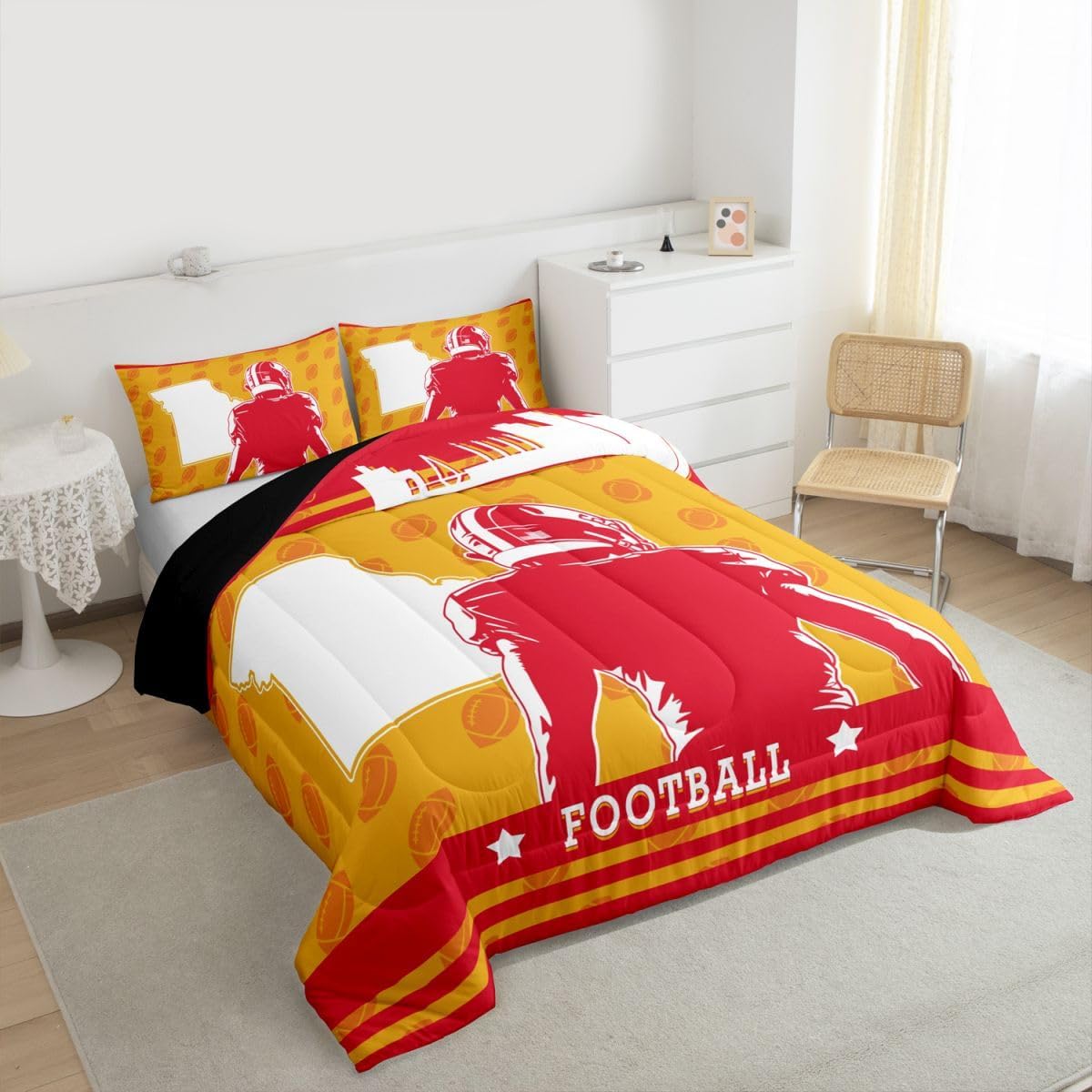 Feelyou Rugby Comforter Set Rugby Decor Sports Game Bedding Comforter Sets Queen, Boys Rugby Bedding Red Yellow Duvet Insert 3Pcs