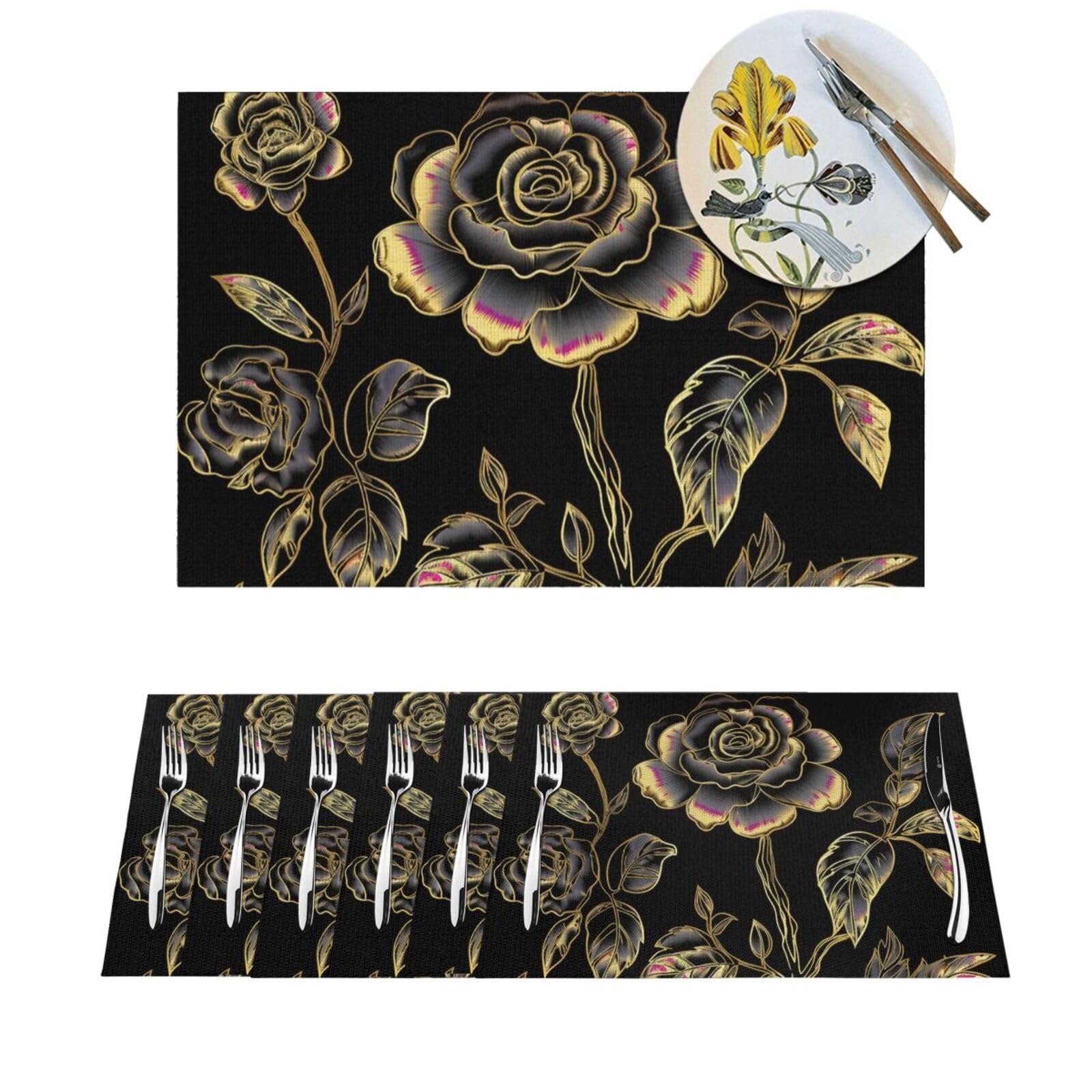 Set de table thermorésistant en vinyle tressé fleurs or et noir lavable à l'éponge