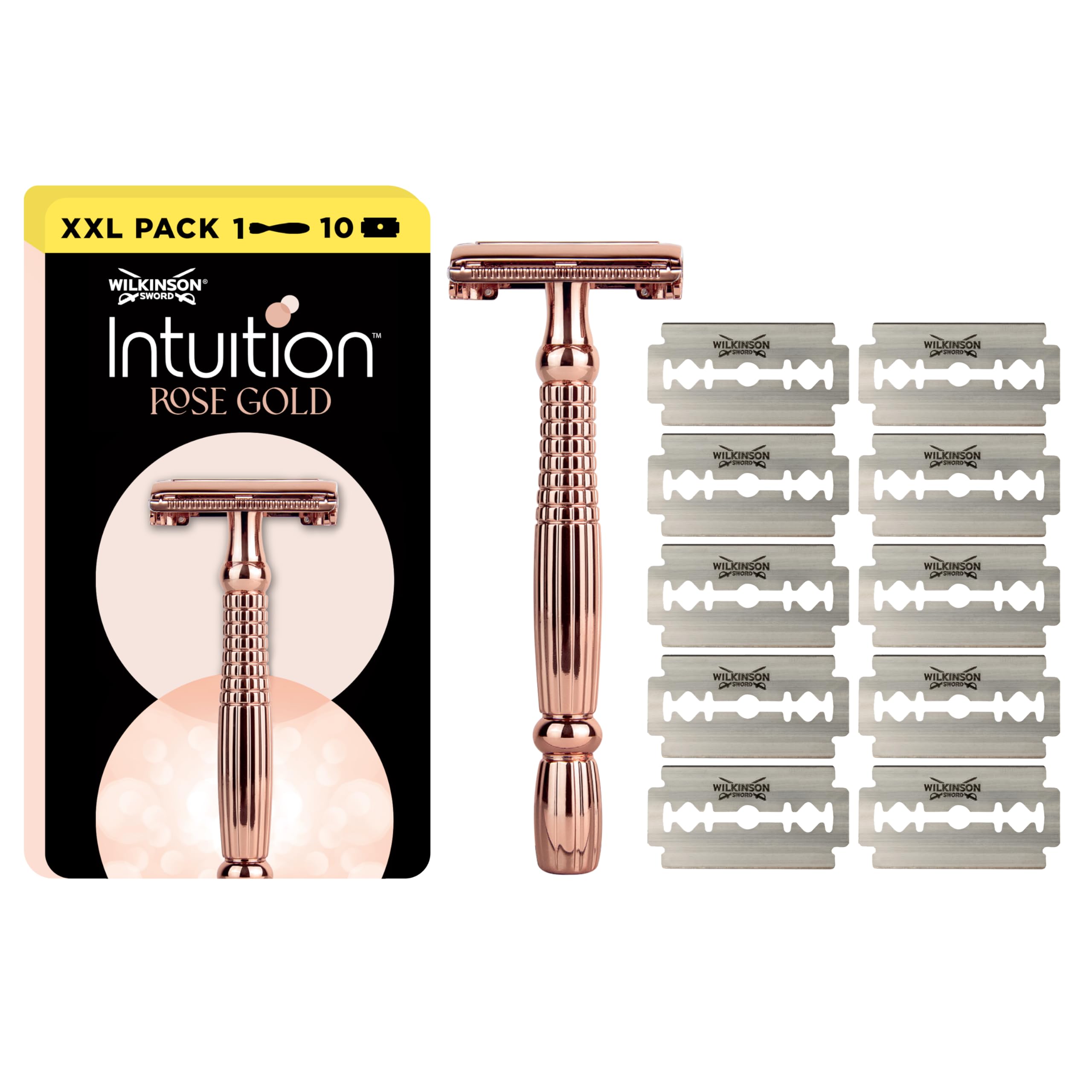 Wilkinson Sword Intuition Rose Gold – Maquinilla de Afeitar de Seguridad para Mujer, Mango Metálico sin Plástico, Apertura de Mariposa, Incluye 10 Hojas de Repuesto, Afeitado Suave y Preciso