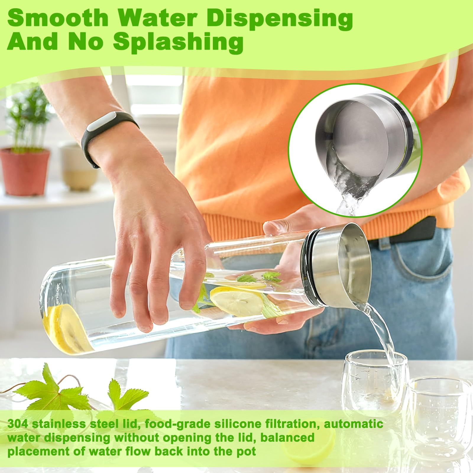 1L Caraffa Vetro con Versatore e Coperchio Acciaio Inox, Bottiglie Borosilicato Resistente, Bottiglia Succo Refrigerante, Brocca Acqua per Latte, Bevande, Ghiacciate, Limonata, Succo Frutta