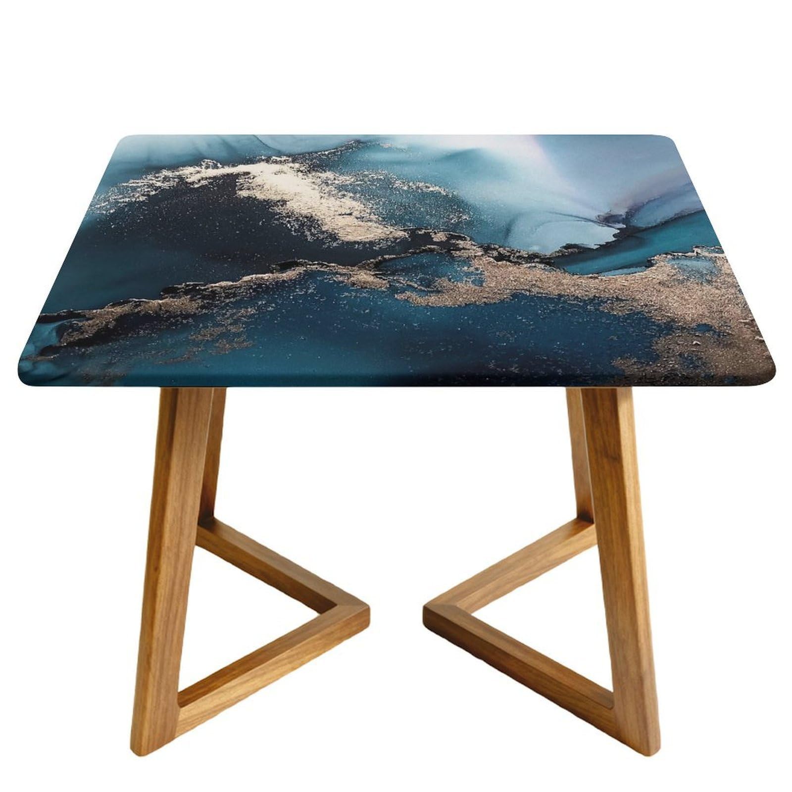 Morbuy Waterproof Oxford Cloth Tablecloth Cover, Elastic Square Fitted Tables for Kitchen/Garden, 3D Marble Print Stain-Resistant Table Cover (Cyan Gold,120x120cm)
