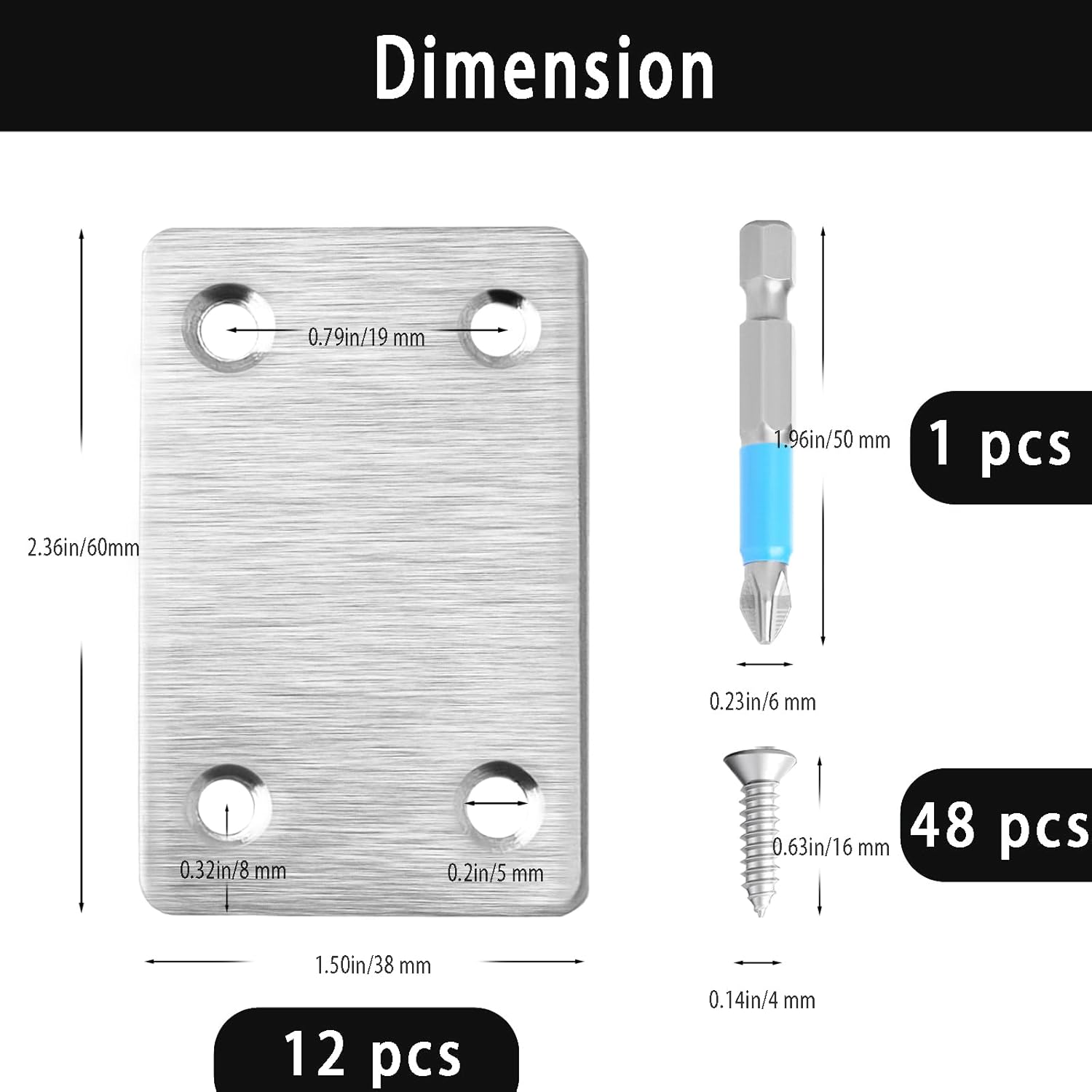 12 Pcs Mending Plate, 2.37 x 1.5 inch Stainless Steel Flat Plates with Holes, Straight Metal Mounting Braces Brackets Kit for Furniture, Wood Joint Connector (Silver, 2.36 inch)