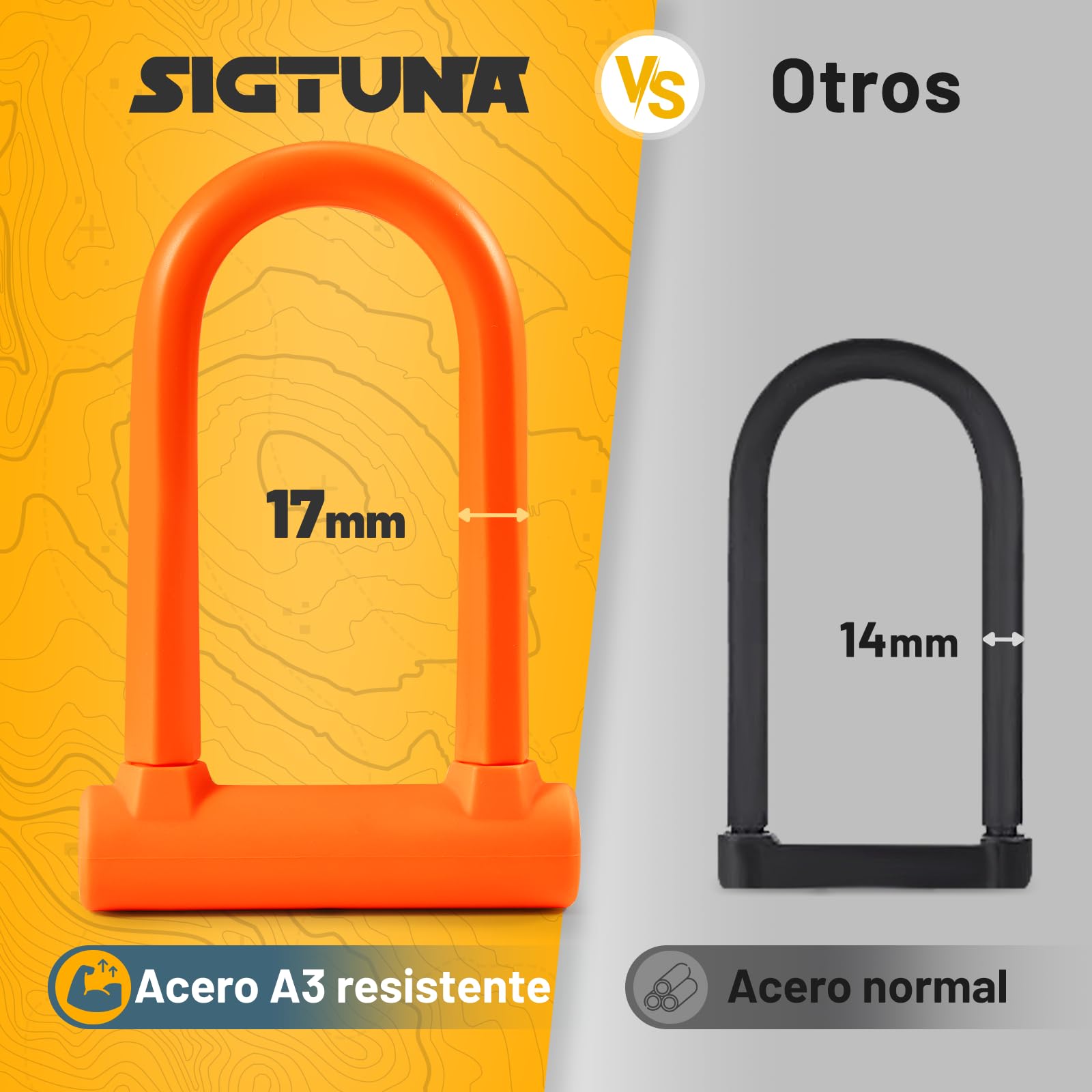 SIGTUNA Candado para bicicleta – Candado en U resistente de 17 mm, 3 llaves de alta seguridad para bicicleta de carretera, bicicleta eléctrica, bicicleta plegable, bicicleta de montaña