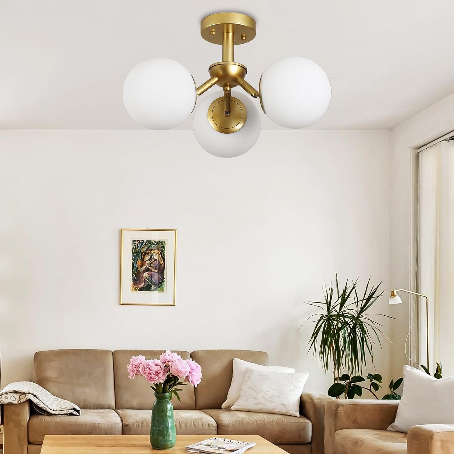 3-Light Gold Chandelier Light Fixture, Mid Century Modern Semi Flush Mount Ceiling Light with Milky Glass Globe Shade, Brass Flush Mount Chandelier for Bedroom Living Room Dining Room, E26 Socket