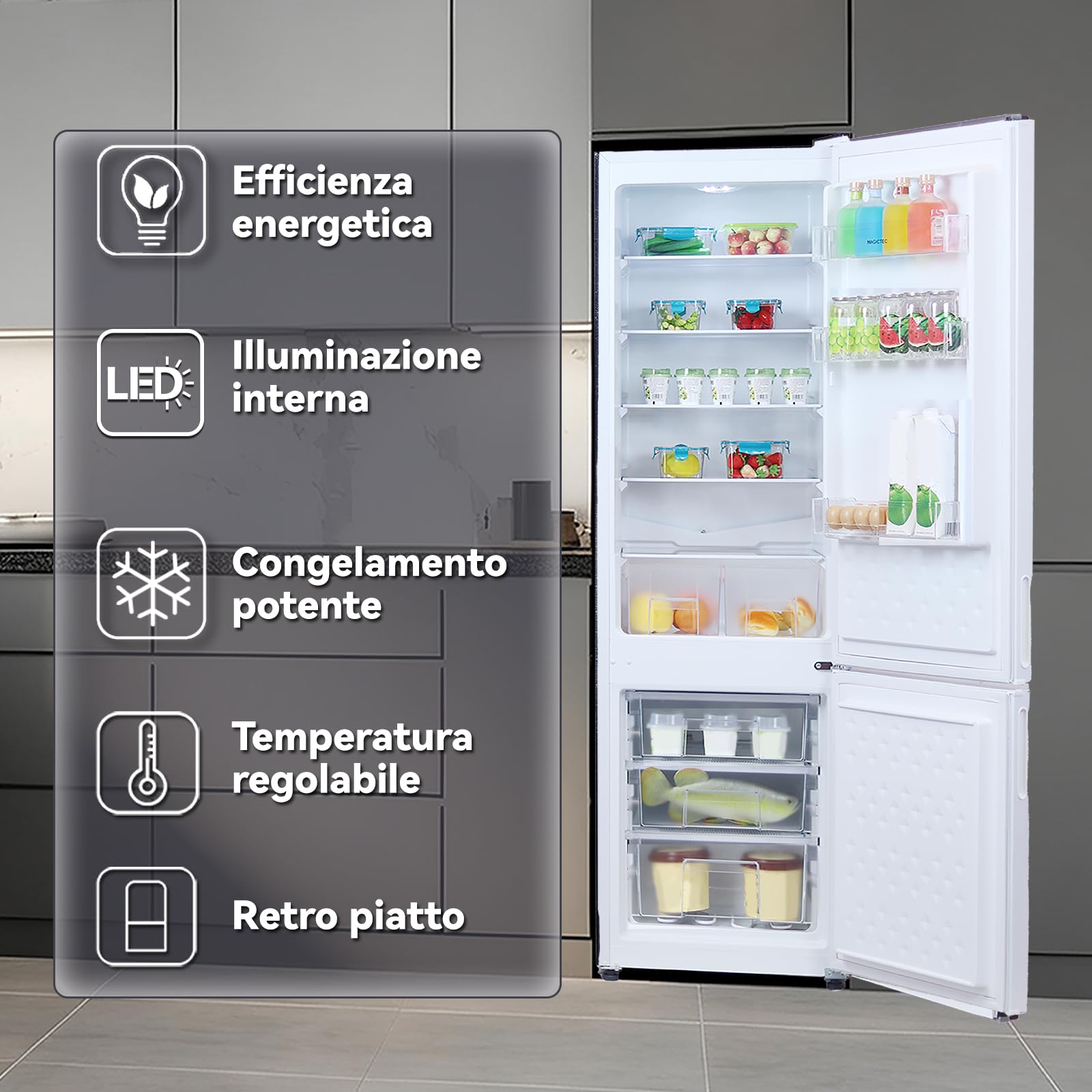 magictec Frigorifero a libera installazione con congelatore | 266 litri (192 l/74 l) | Combinazione frigorifero-congelatore | Low-frost | Illuminazione a LED | Bianco