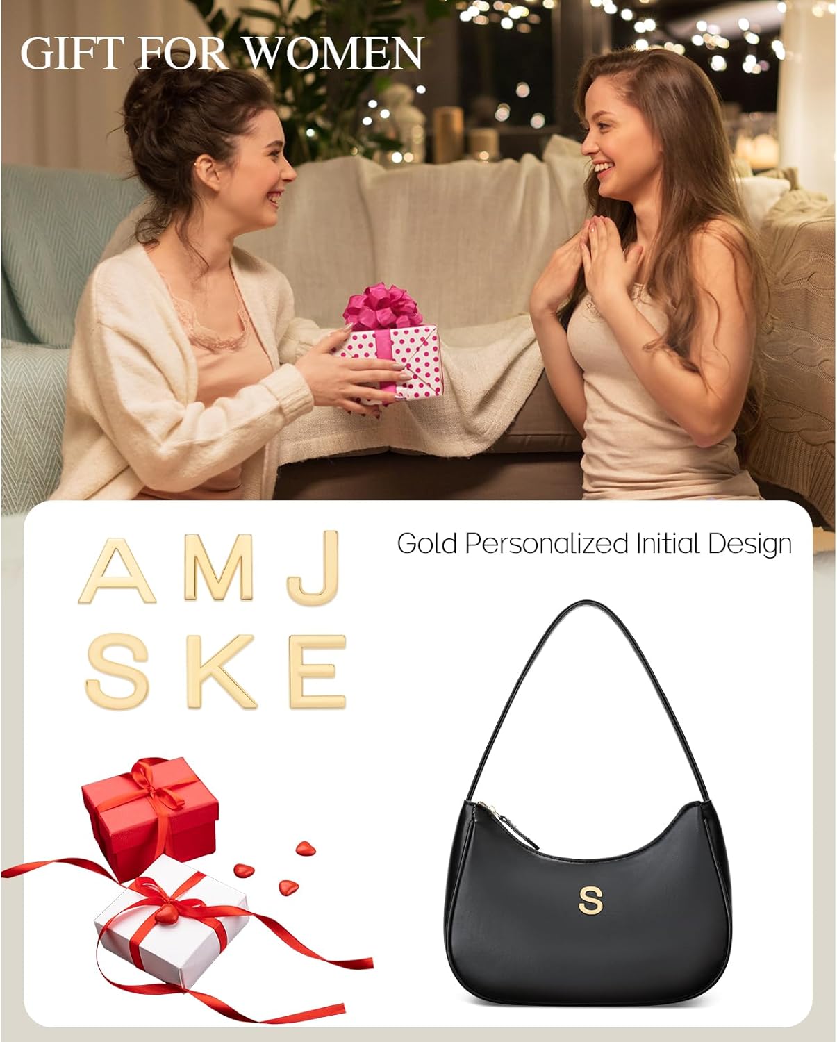 Shoulder Bag for Women Hobo Tote Clutch Handbags with Gold Initial - Image 8