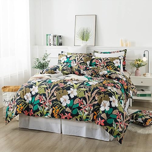 Miniatura 8 de FADFAY Juego de funda de edredón tamaño individual, diseño floral, fundas de edredón con estampado de flores negras y rojas, suave, 100% algodón,