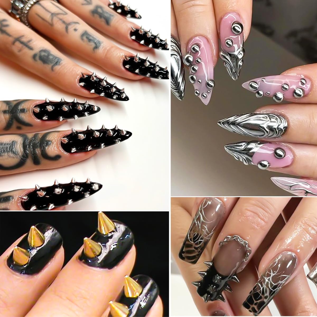 3 Boxes Goth Punk Nail Charms Metal Rivet Studs and Half Round Caviar Beads for Nails, 3D Alloy Cone Spike Studs Mini Rivet Studs Nail Supplies for Women DIY Manicure Decoration Accessories