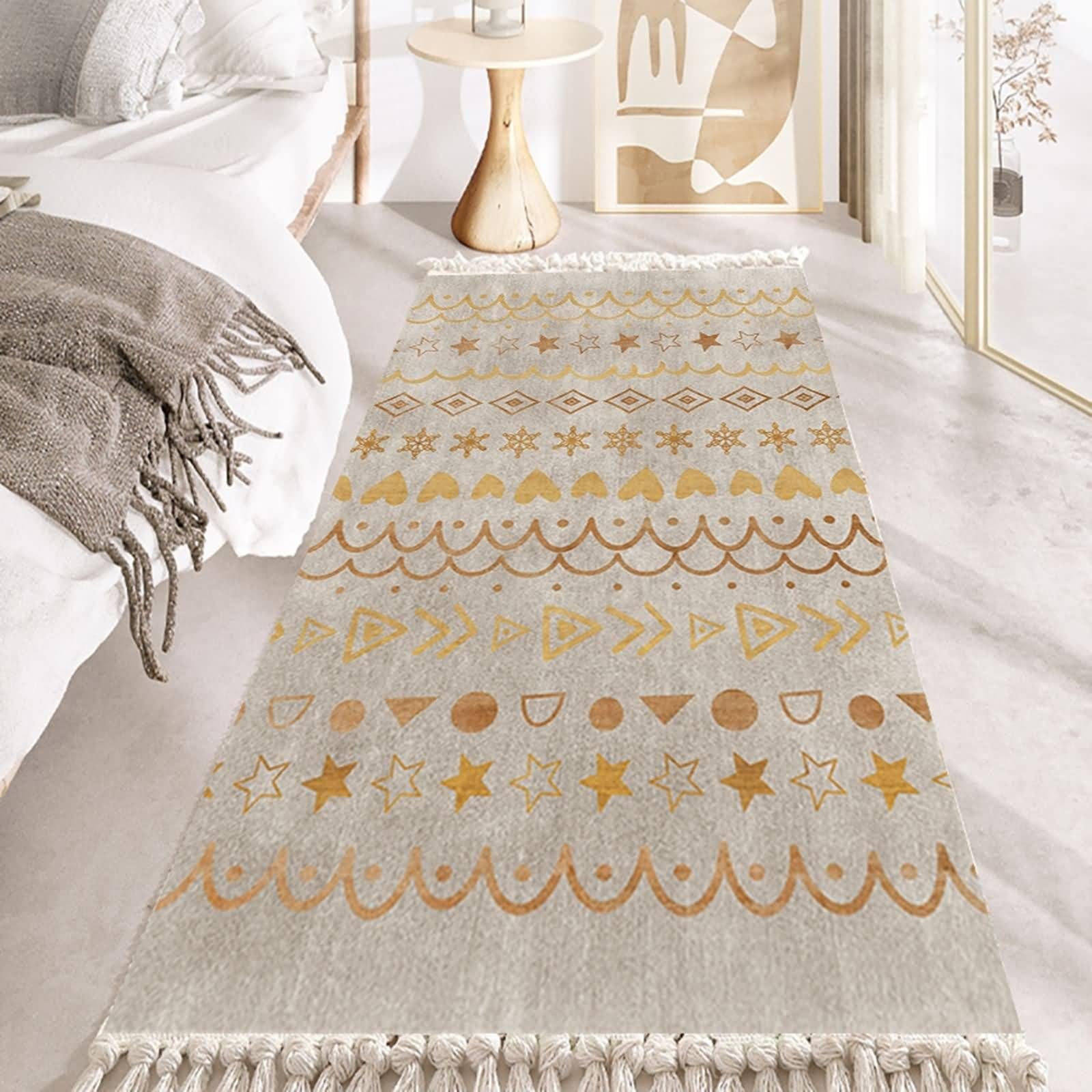 Grand Tapis de Salon Moderne 100X180cm, Tapis Vintage Salon Or Brun Rectangulaire Motif Géométrique avec Pompons Coton Lin