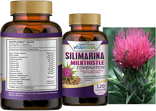 Miniatura 3 de Silimarina de cardo mariano con diente de león, hinojo. Regaliz, alcachofa, alfalfa, fórmula de desintoxicación y limpieza, apoyo para la salud del